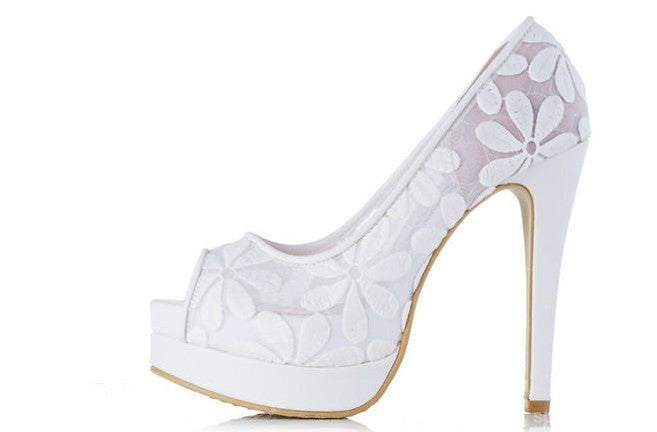 Elegant White Lace Fish Toe High Heel Wedding Shoes for Brides - Perfect for Bridal Ceremonies, Proms, and Formal Events - Style S015
