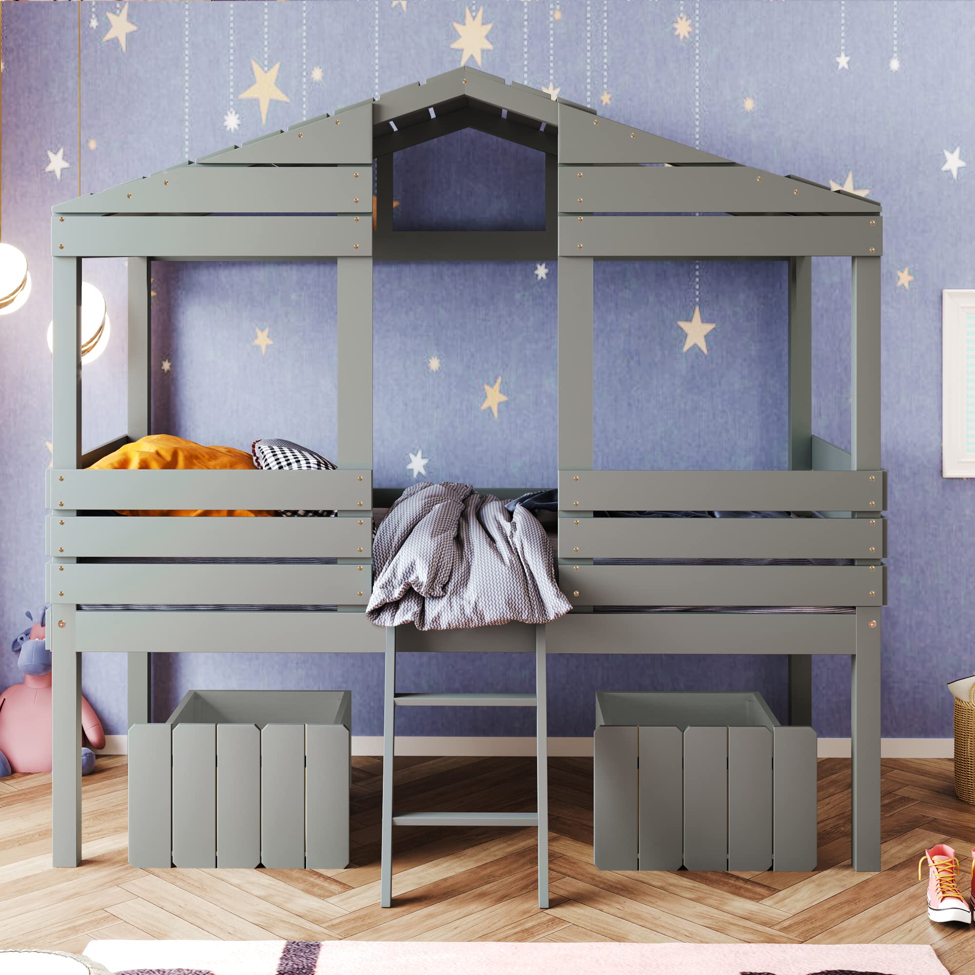 Harper & Bright Designs Twin Size Wood Loft House Bed with 2 Drawers, Storage, Ladder & Roof - Grey Kids & Teens Bed Frame with Windows, No Box Spring Needed - Perfect for Small Bedrooms, Dorm Rooms & Kids' Play Areas