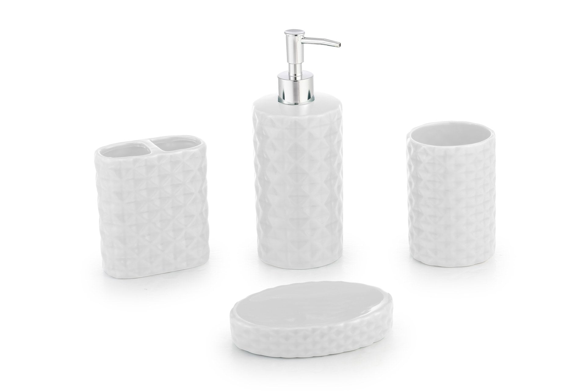ITY 4-Piece Ceramic Diamond Pattern Bathroom Set - Soap Dispenser, Toothbrush Holder, Tumbler & Tray - Modern Vanity Decor for Bathroom Countertop Organization