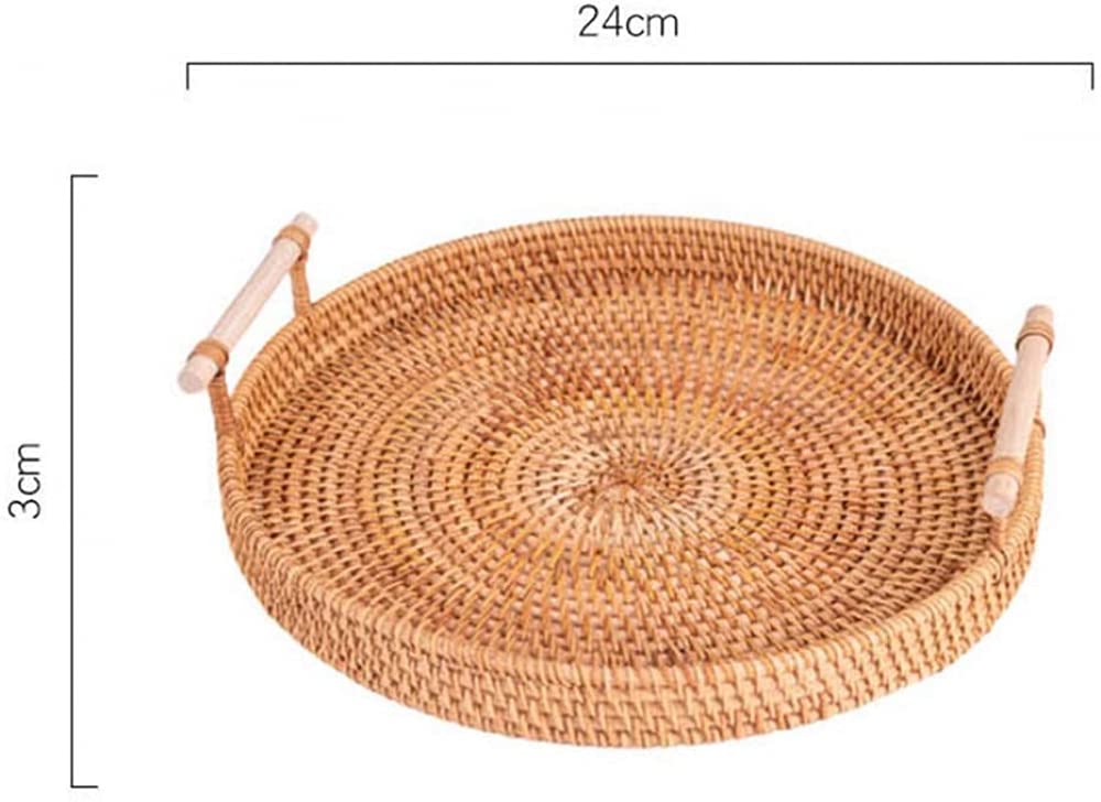 Hand-Woven Round Rattan Tray - 24cm Portable Wicker Basket with Handle for Fruit, Snacks, Breakfast Display & Storage | Perfect for Kitchen, Dining Table, Picnic & Home Decor