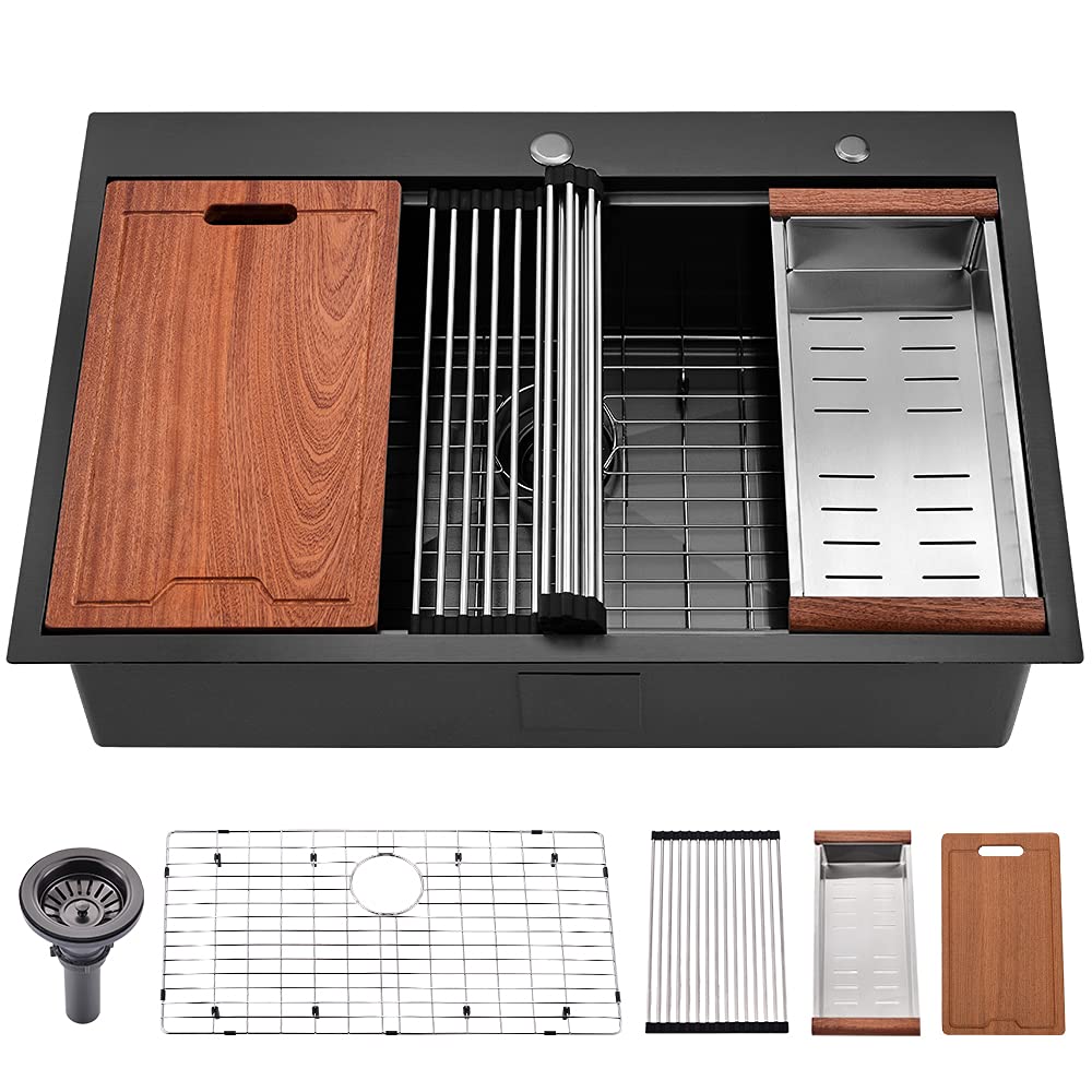 33 Inch Black Kitchen Sink Drop-In Workstation - WMXQX 33x22 Inch Matte Black Stainless Steel Topmount Single Bowl Sink with Accessories | 16 Gauge Heavy Duty | Perfect for Modern Kitchens, Restaurant Prep & Home Renovation