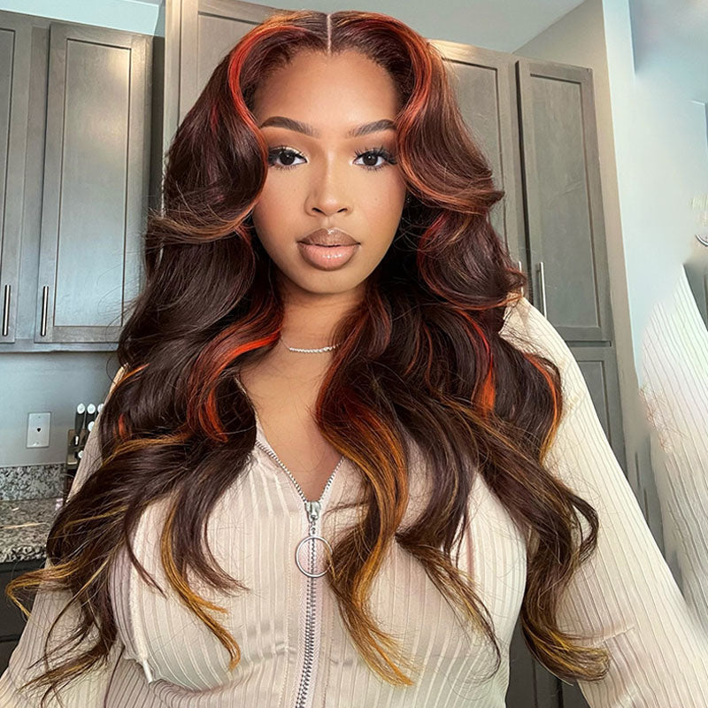 Eullair Brown & Orange Yellow Mixed Human Hair Lace Front Wig - Body Wave Glueless Wig for Women (EW009) | Perfect for Cosplay, Parties & Daily Wear