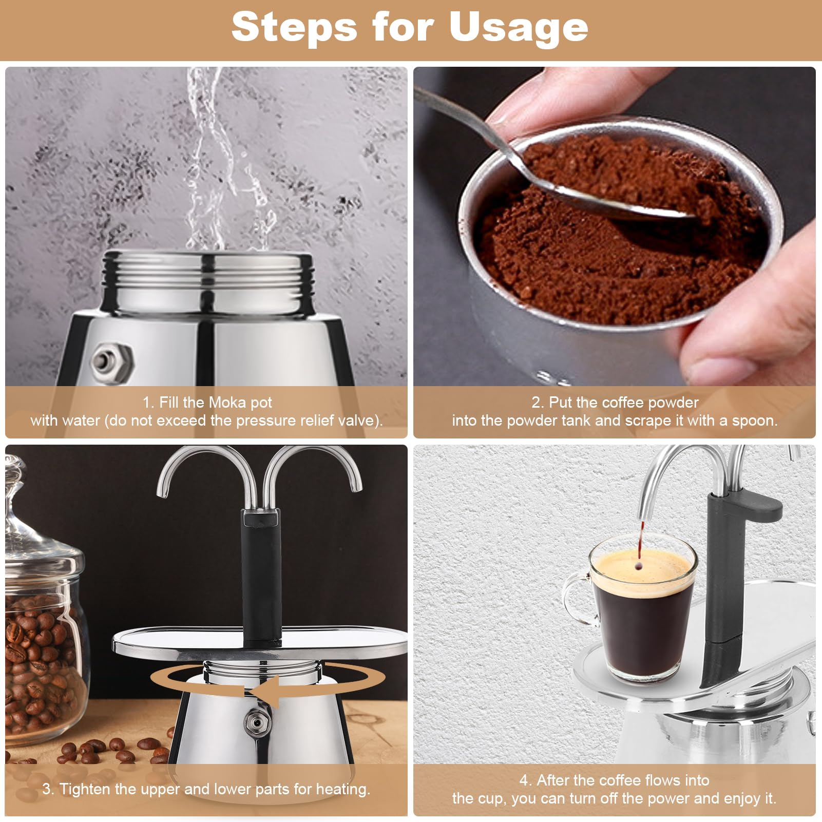 Pilipane Stainless Steel Moka Pot - 2 Cup Stovetop Espresso Maker (100ML) with Double Spout for Perfect Espresso, Cappuccino & Latte - Ideal for Home, Office & Camping Coffee Brewing