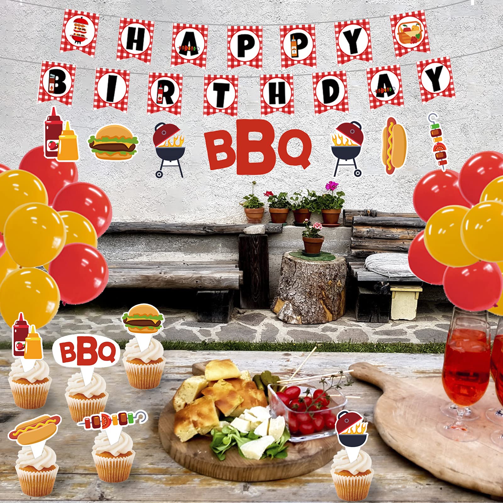 Red Checked Picnic Birthday Party Decorations Set - BBQ Baby Shower Supplies with Happy Birthday Banner, Cupcake Toppers & Balloons - Perfect for Outdoor Celebrations, Themed Parties & Backyard Gatherings