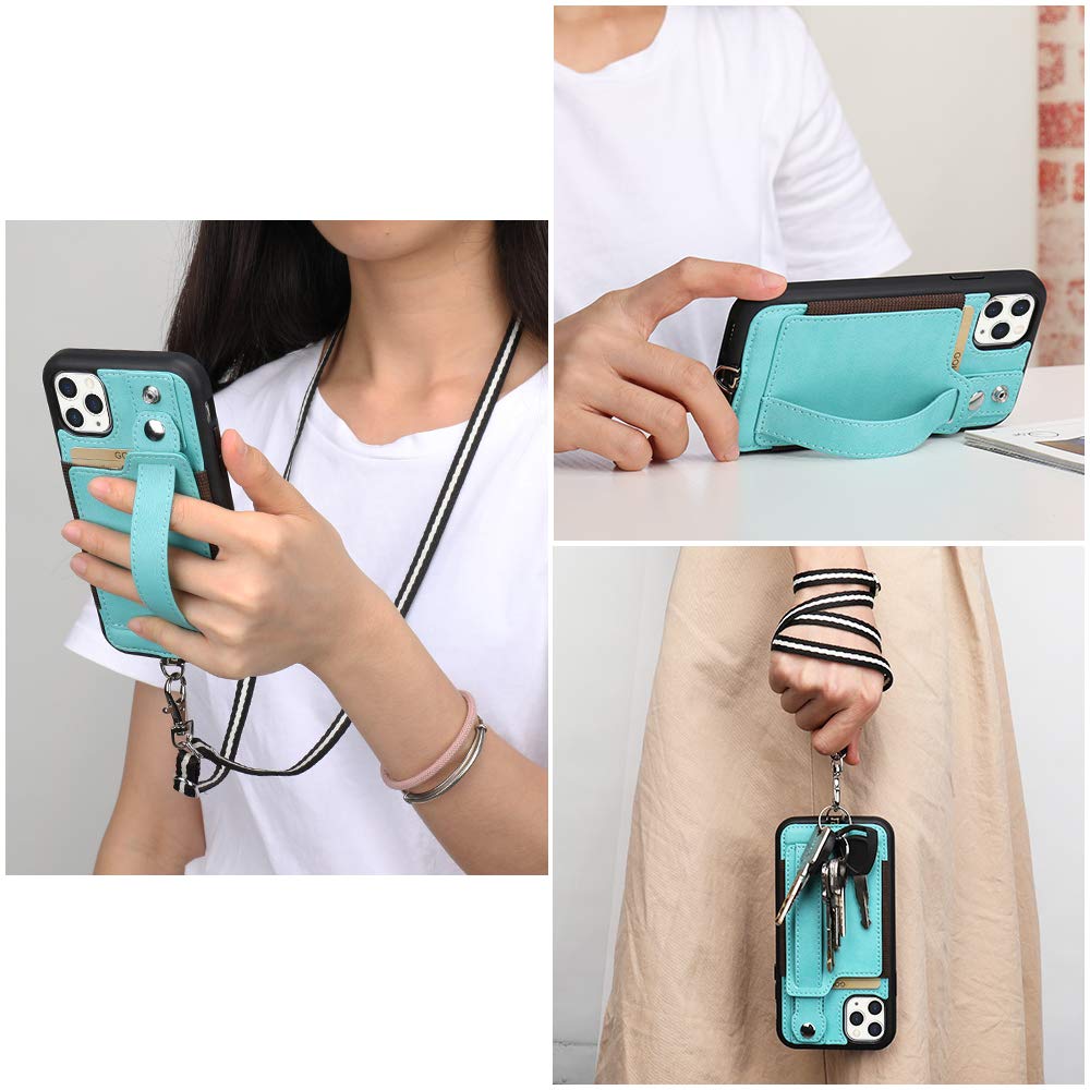 TOOVREN Premium PU Leather Wallet Case for iPhone 11 Pro Max (6.5 Inch 2019) - Card Holder, Kickstand & Detachable Lanyard - Protective Phone Cover with Strap Stand (Blue) | Perfect for Travel, Work & Everyday Use