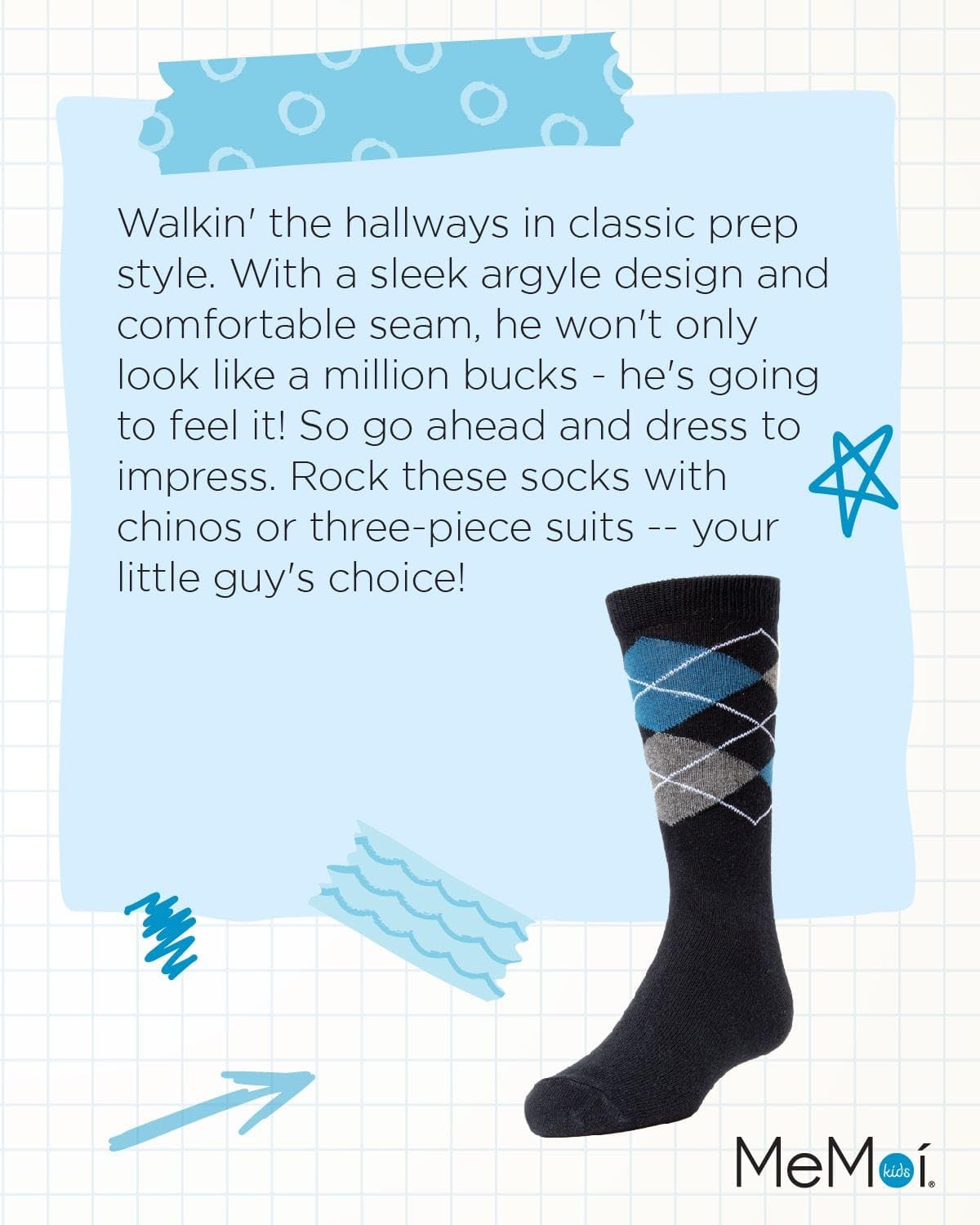 MeMoi Prim and Preppy Boys Cotton Blend Argyle Socks - Classic School Style Comfortable Socks for Kids, Boys & Teens - Perfect for School Uniforms, Dress Shoes & Casual Outfits