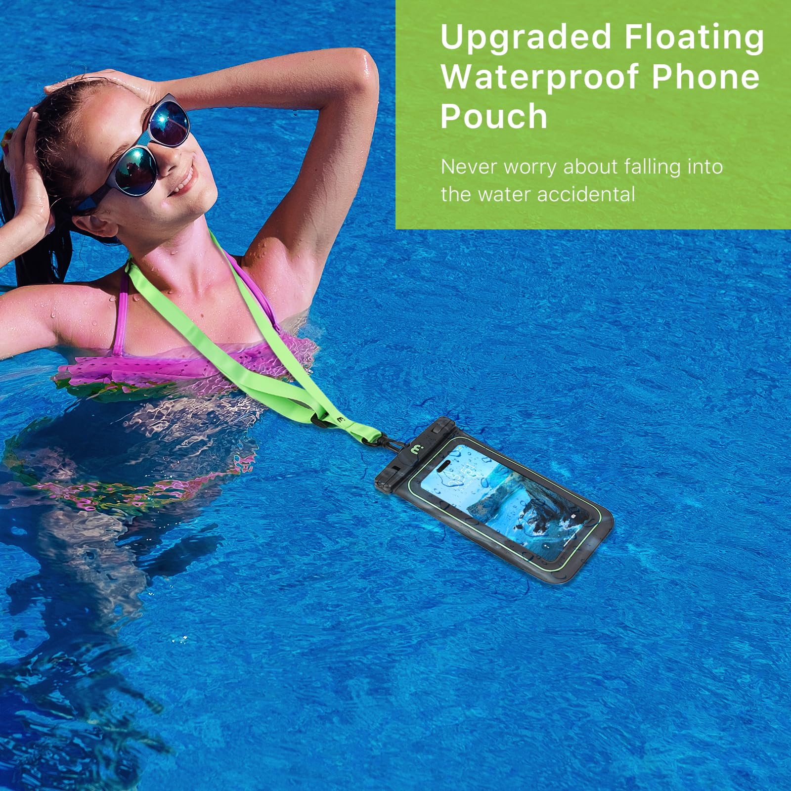 MYBAT PRO IPX8 Waterproof Phone Pouch - Universal Floating Dry Bag for iPhone 15 Pro Max/14/13, Samsung S24 Ultra/S23, Google Pixel - Detachable Lanyard, Black/Green - Perfect for Swimming, Beach, Kayaking & Water Sports