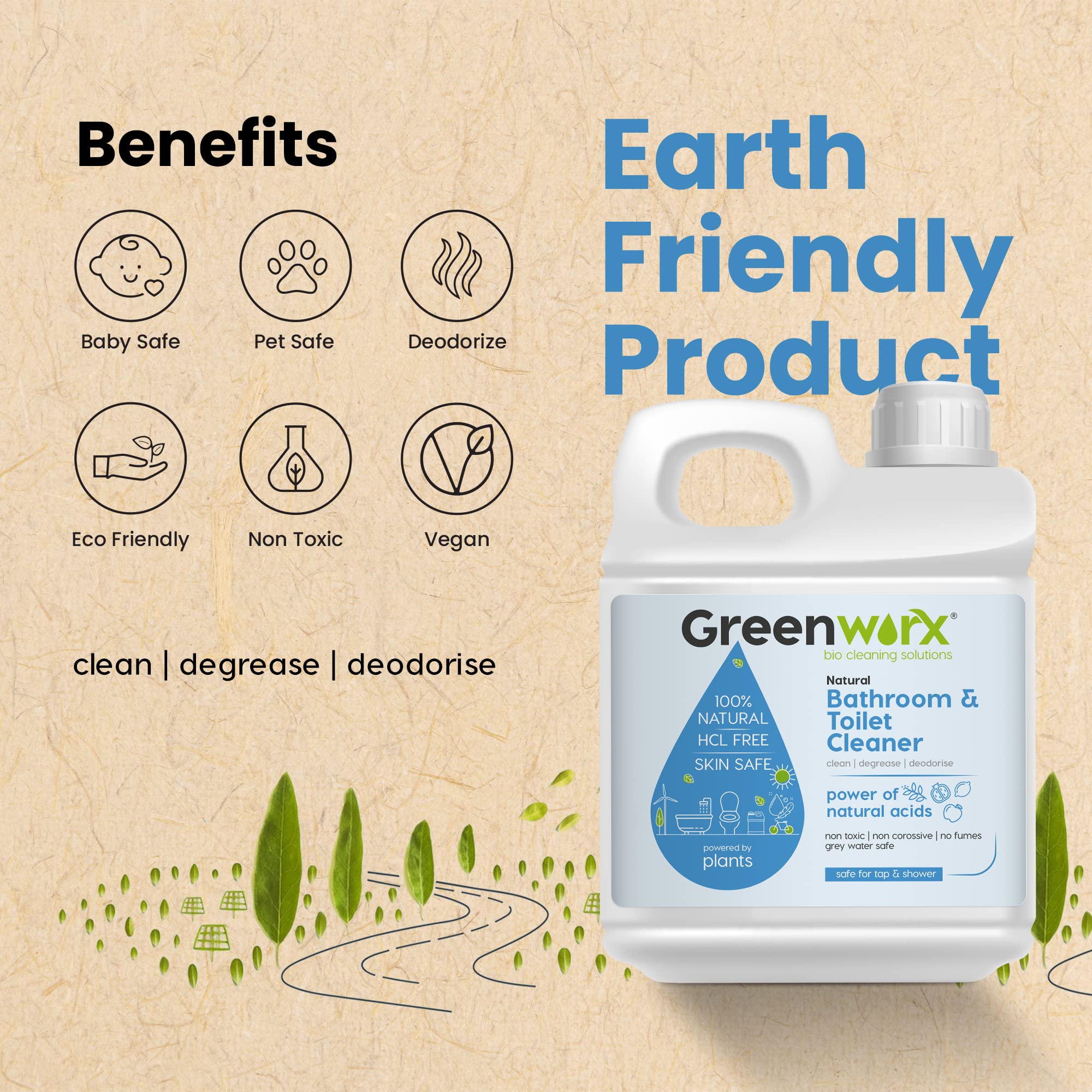 Greenworx Natural Bathroom & Toilet Cleaner Liquid - 5L Eco-Friendly Disinfectant | Plant-Based, Non-Toxic, Biodegradable Formula | Safe for Taps, Showers & Septic Tanks | Perfect for Daily Bathroom Cleaning & Stain Removal