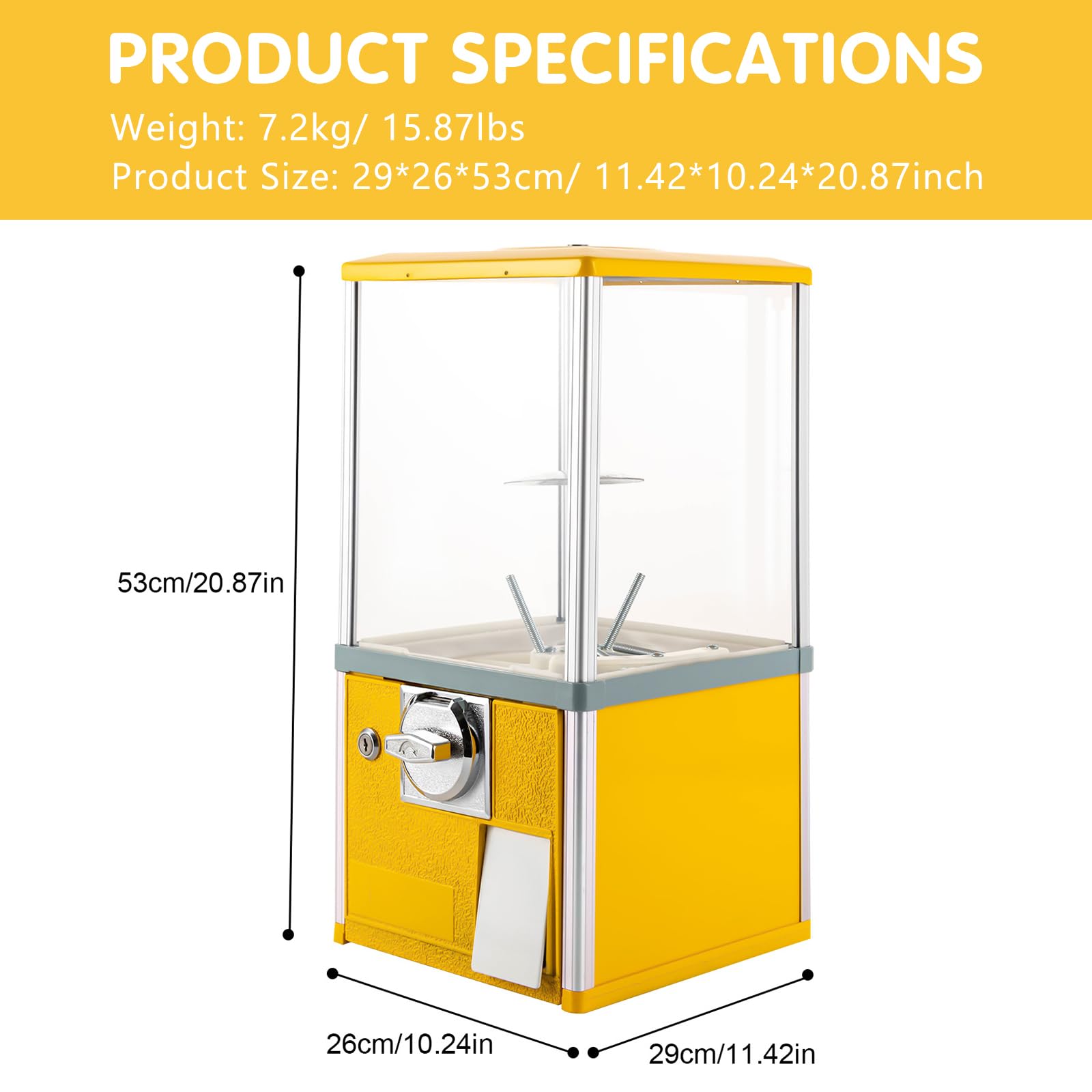DYRABREST Commercial Toy & Candy Vending Machine - Large Capacity Gumball Bank for 1.18-2.17 Inch Toys - Perfect for Arcades, Game Stores, Retail Shops & Birthday Parties (Yellow)