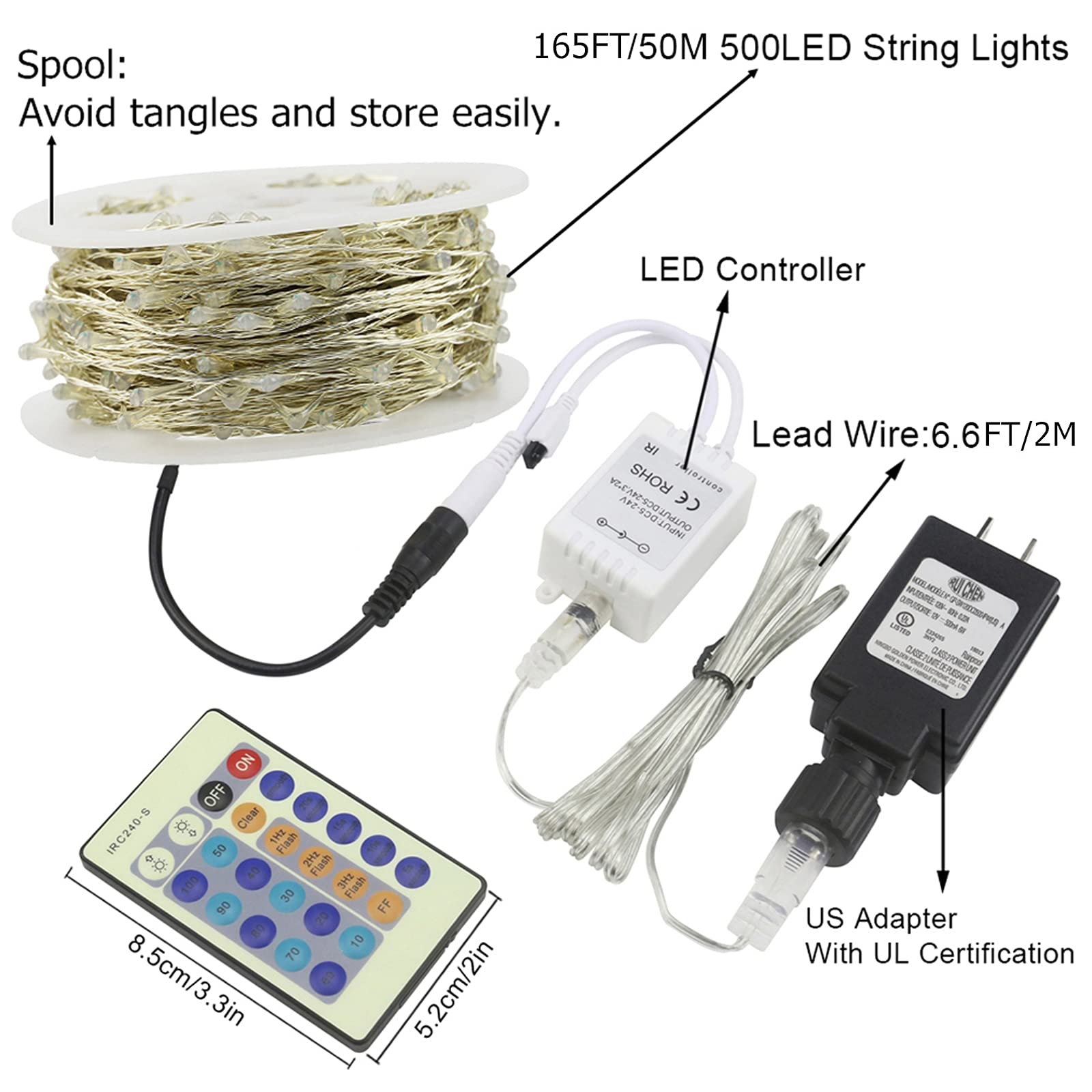 RUICHEN 500 LED Dimmable Fairy Lights - 165ft Super Long Waterproof Twinkle String Lights with Remote Control | Cool White Plug-in Silver Wire Firefly Lights for Christmas, Wedding, Party, Bedroom, Patio & Garden Decor | Indoor & Outdoor Use