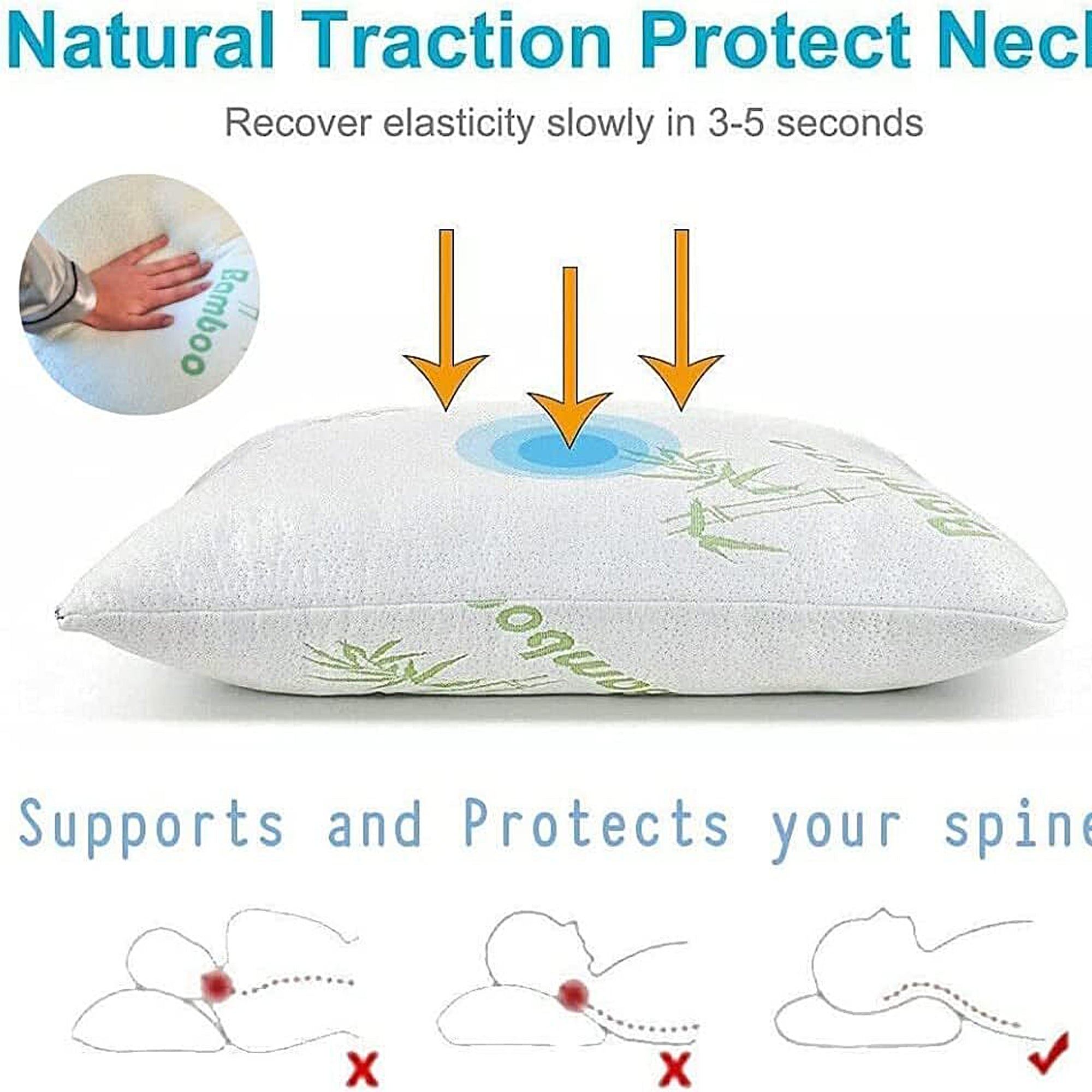 Bamboo Memory Foam Pillow for Neck Pain Relief - Orthopedic Support Pillow for Side, Back & Stomach Sleepers - Cooling Bamboo Cover for Better Sleep - Perfect for Home, Travel & Office Use