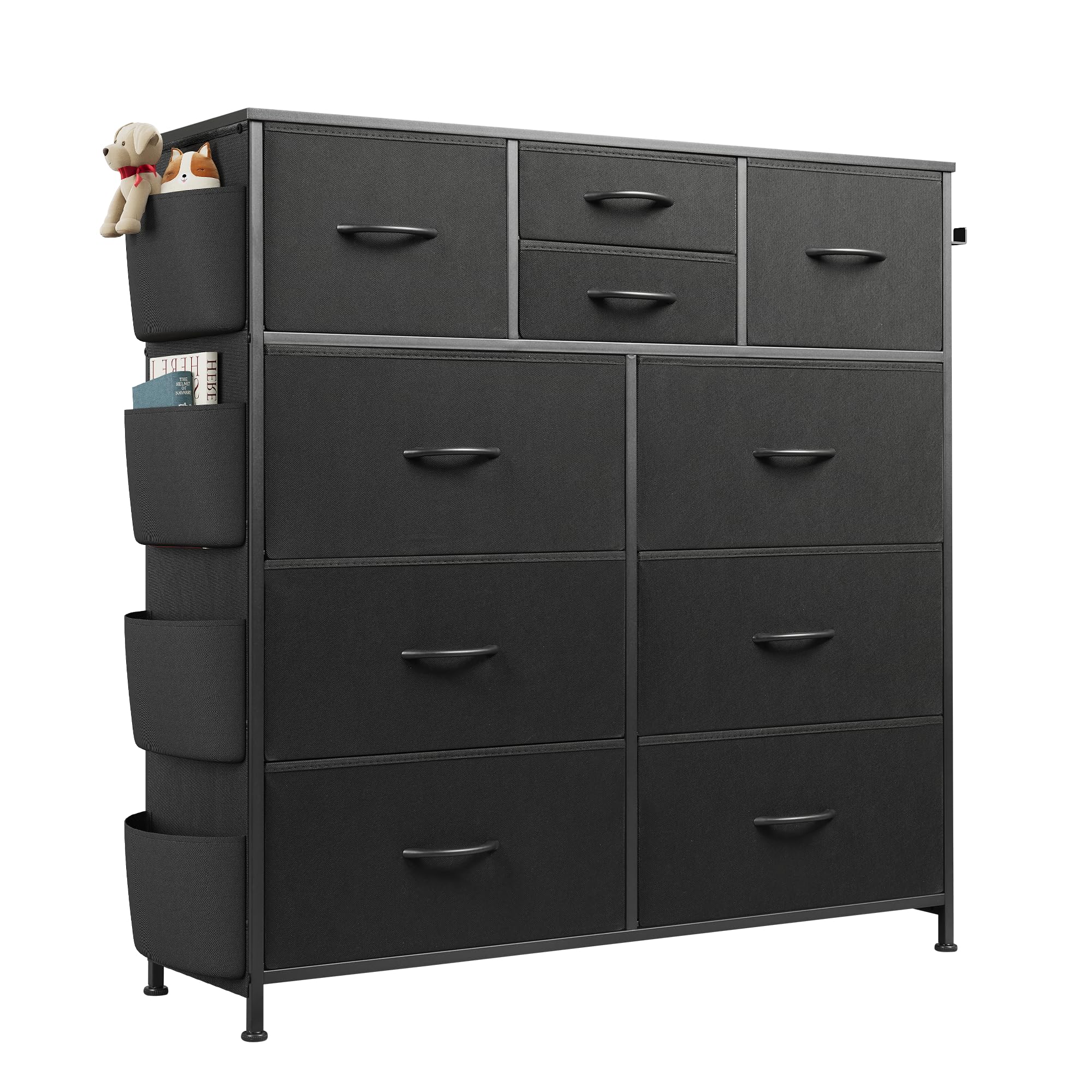 10-Drawer Fabric Dresser for Bedroom with Metal Frame - Black Storage Organizer with Side Pockets & Hooks - Perfect for Bedroom, Living Room, Hallway Closet Organization