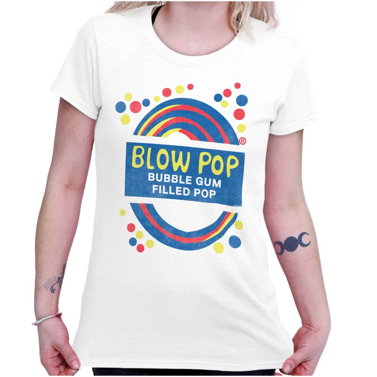Retro Blow Pop Lollipop Candy Wrapper Graphic Tee for Women & Juniors - Vintage Candy Print T-Shirt for Casual Wear, Parties & 90s Theme Outfits