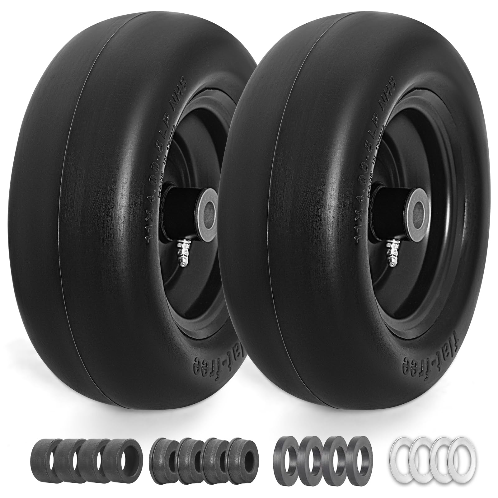 11x4.00-5 Flat Free Lawn Mower Tires - 2 Pack Solid Smooth Tractor Tires with 3/4