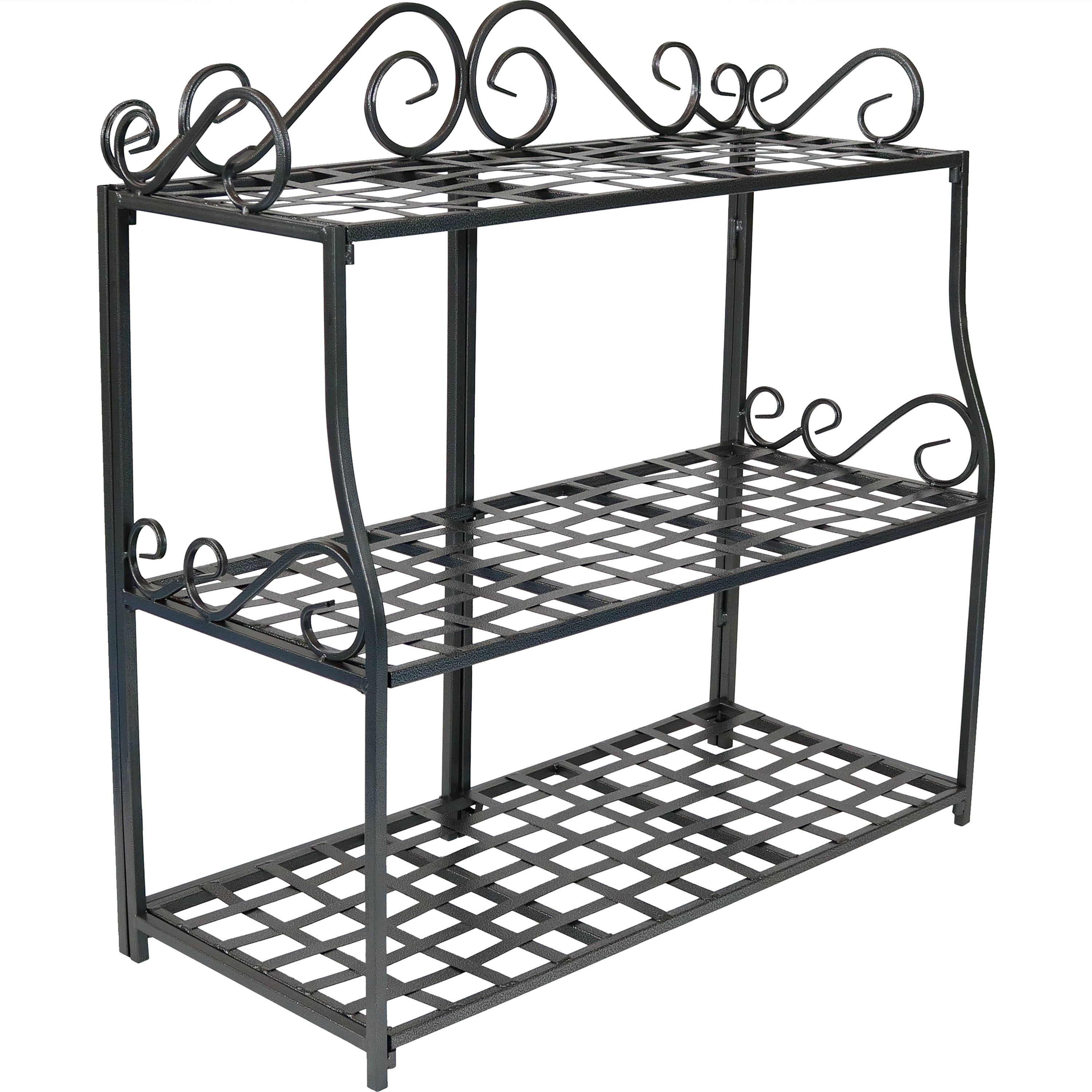 Sunnydaze 3 Tier Metal Iron Plant Stand with Decorative Scroll Design - Indoor Outdoor Garden Flower Pot Holder for Patio, Balcony, and Home Decor