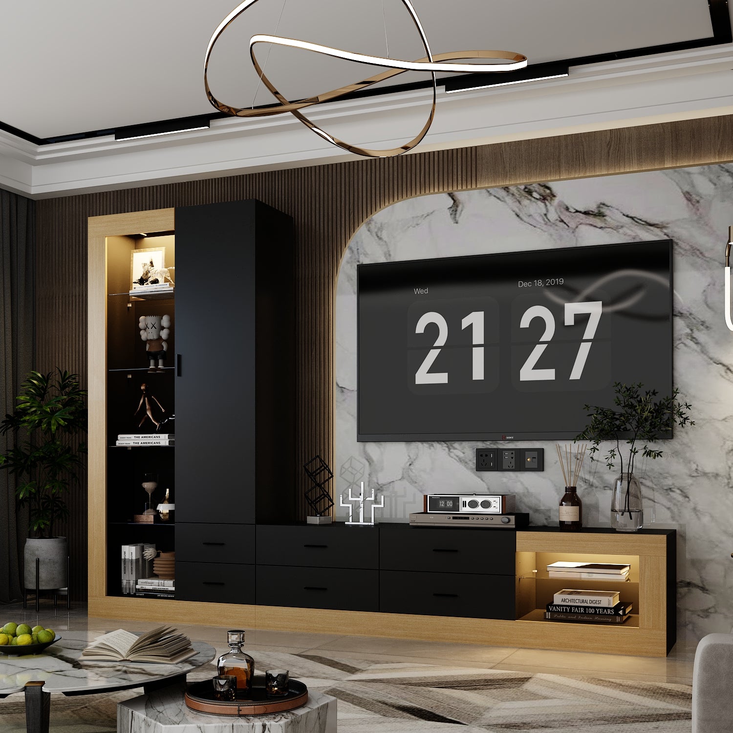 Modern Black & Wood Entertainment Center with LED Lights - 104.5