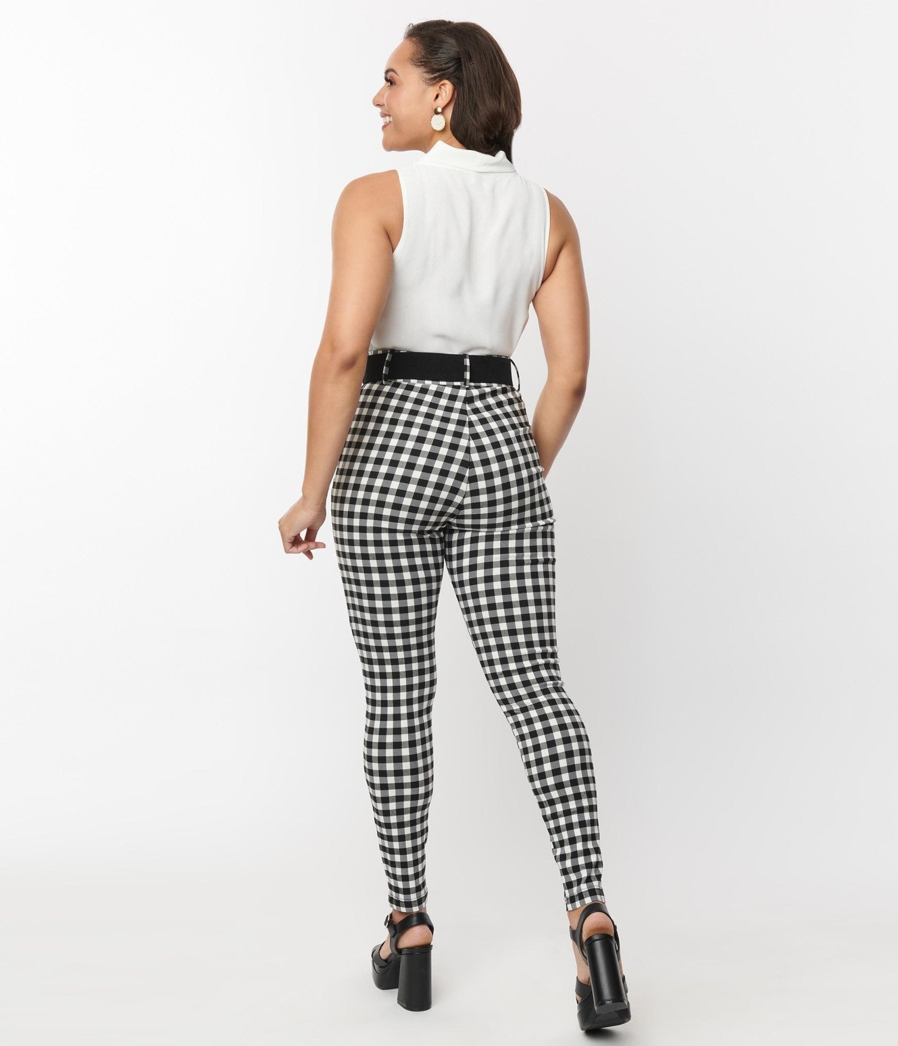 Vintage Black & White Gingham Belted Rizzo Pants for Women - Retro High Waisted Trousers with Adjustable Belt - Perfect for 1950s Style, Rockabilly Outfits & Pinup Fashion