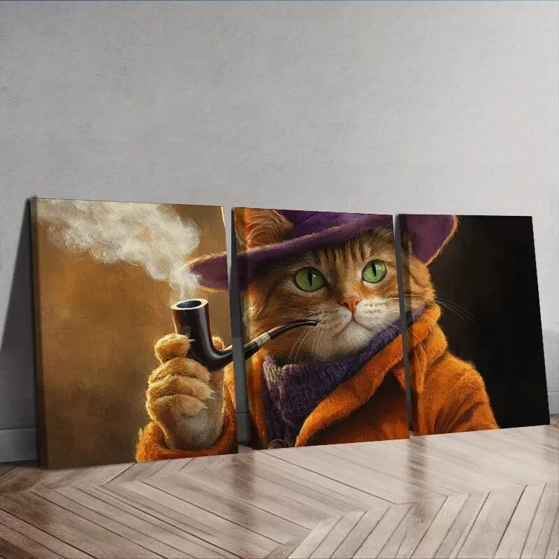 3-Piece Orange Cat with Pipe Smoke Wall Art Set - Framed Canvas 40x60cm - High Quality Print - 100% Australian Made - Ready to Hang - Perfect for Living Room, Bedroom & Office Decor