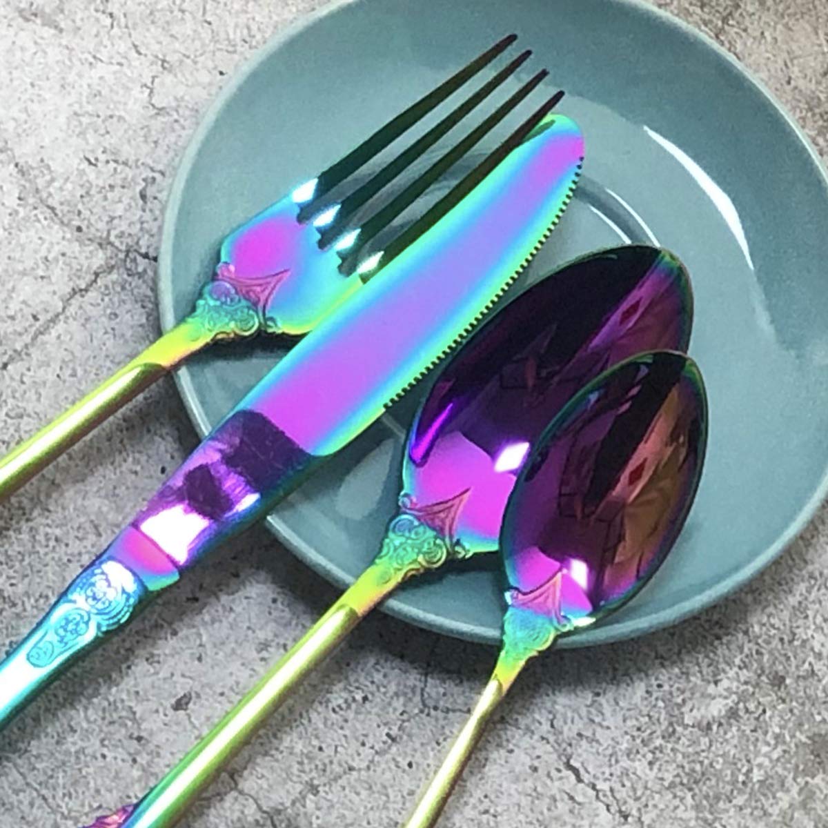 Gugrida 4-Piece Rainbow Silverware Set - 18/10 Stainless Steel Flatware Cutlery (Fork, Knife, Spoon) - Mirror Finish, Dishwasher Safe - Colorful Eating Utensils for Home, Kitchen, Party, Camping & Travel