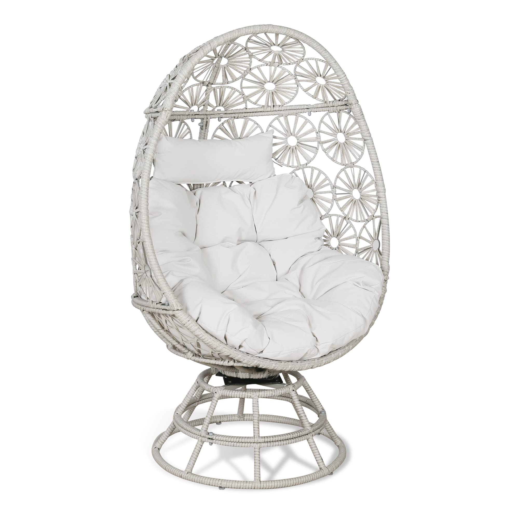 360-Degree Swivel Wicker Egg Chair with Beige Cushions - Outdoor Rattan Hanging Chair for Patio, Garden, Lawn & Bedroom - Perfect for Relaxing, Reading or Sunbathing