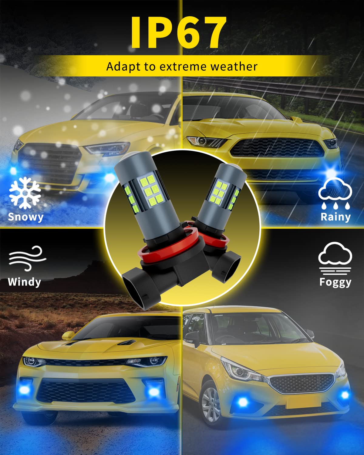 H11 H8 H9 H16 LED Fog Light Bulbs & DRL - 3000 Lumens Super Bright, 8000K Ice Blue, 300% Brighter, Non-Polarity Plug and Play, 360° Illumination with 27 SMD Chips - Perfect for Car, Truck, SUV Headlights & Off-Road Driving (Pack of 2)