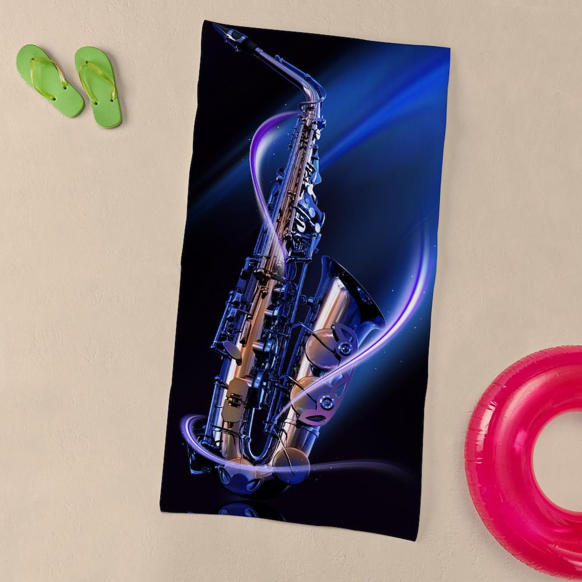 Blue Saxophone Large Beach Towel - Soft, Absorbent & Unique Design for Pool, Beach & Outdoor Activities | CafePress