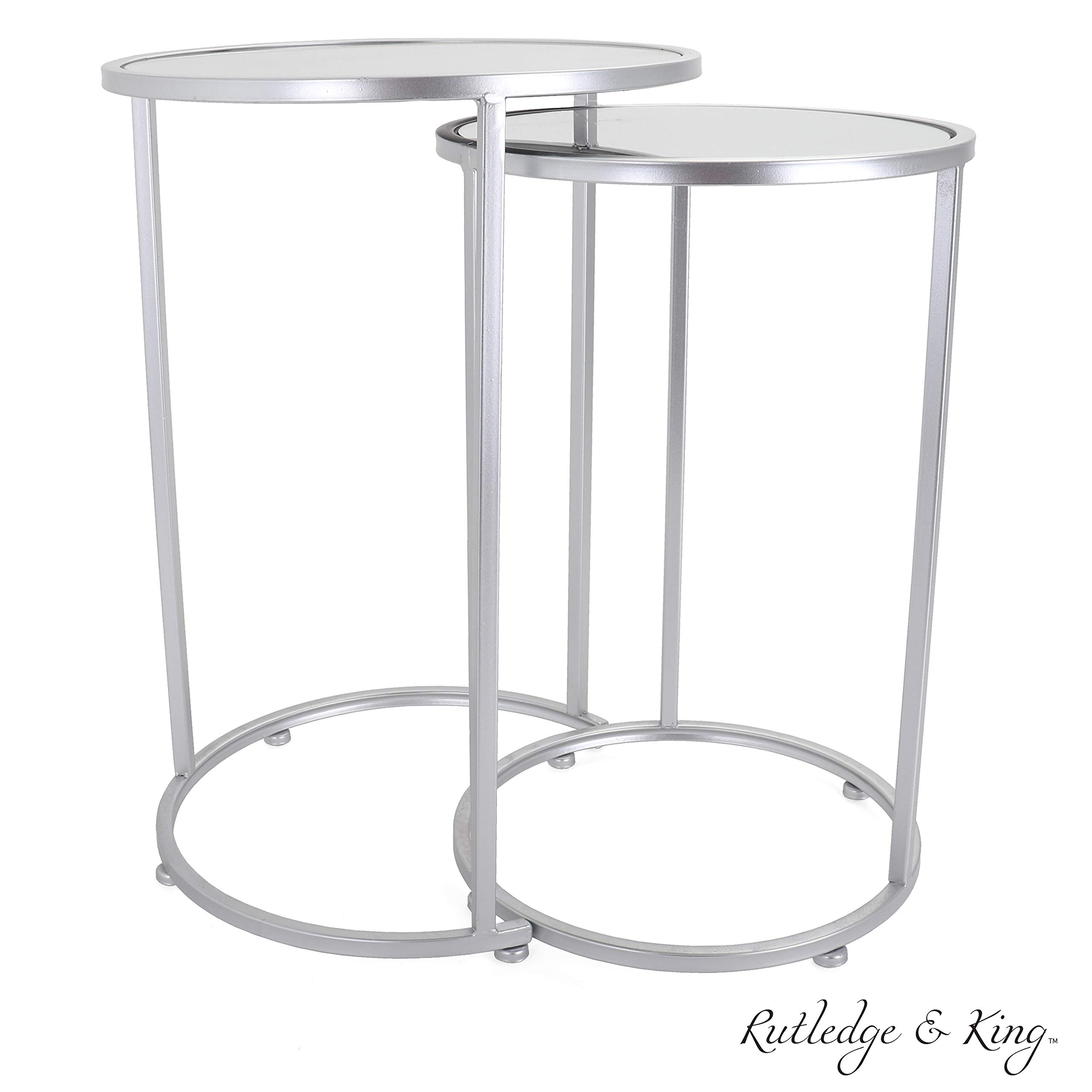 Rutledge & King Round End Table Set - Silver & Mirrored Top Nesting Accent Tables - Modern Metal Side Tables for Living Room, Bedroom & Office Decor
