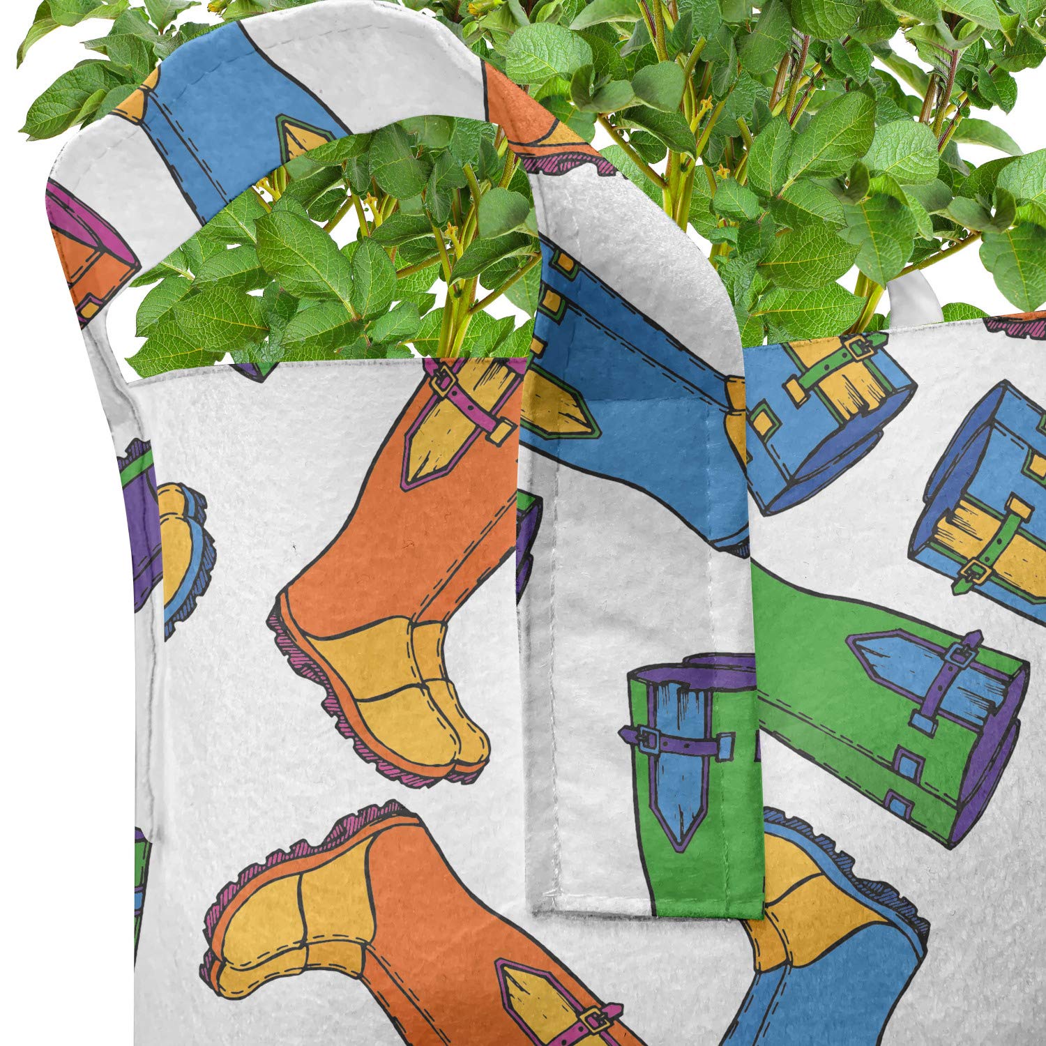 Ambesonne 5-Pack Heavy Duty Fabric Grow Bags with Handles - Cartoon Rain Boots Autumnal Art Design - Durable Plant Pots for Indoor/Outdoor Gardening, Flowers, Vegetables - Sky Blue & Marigold Color