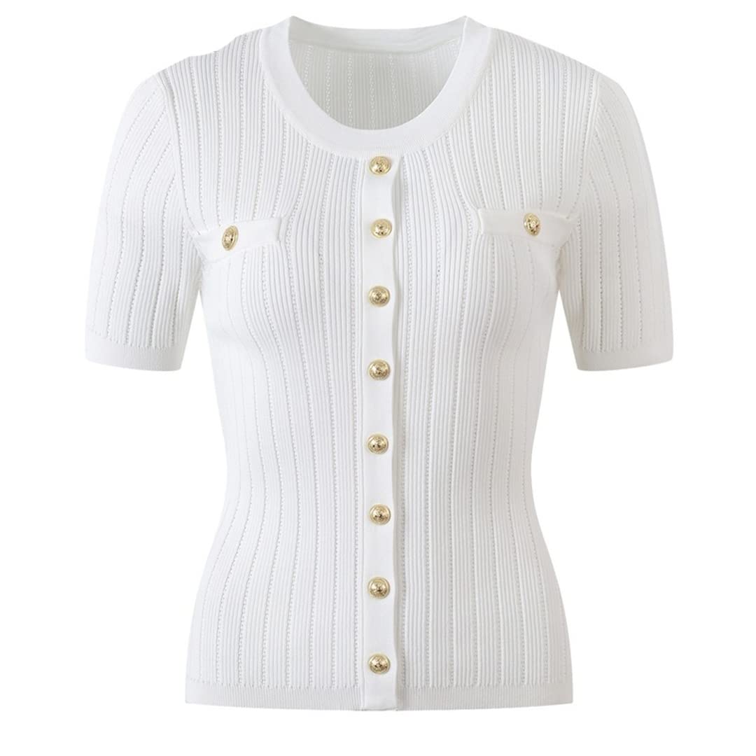 Korean Summer O-Neck Short Sleeve Casual Knitted Top Elegant Slim Cardigan Sky Blue M | Women's Lightweight Knitwear for Office, Dating & Travel | Breathable Cotton Blend Summer Cardigan