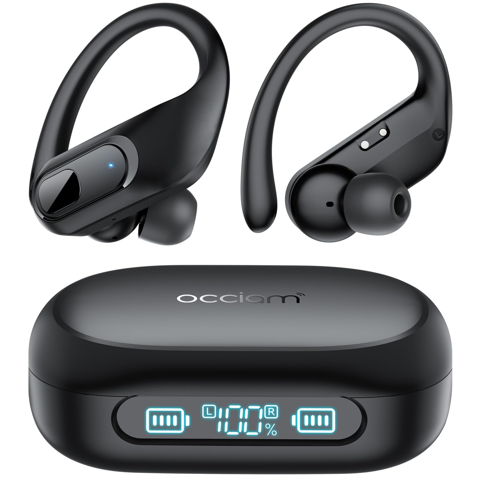 OCCIAM Wireless Earbuds Bluetooth 5.3 - 96Hrs Playback Sports Earphones with Microphone, Earhook Design, IPX7 Waterproof, LED Power Display - Perfect for Workout, Running, Gym & Outdoor Activities (Black)