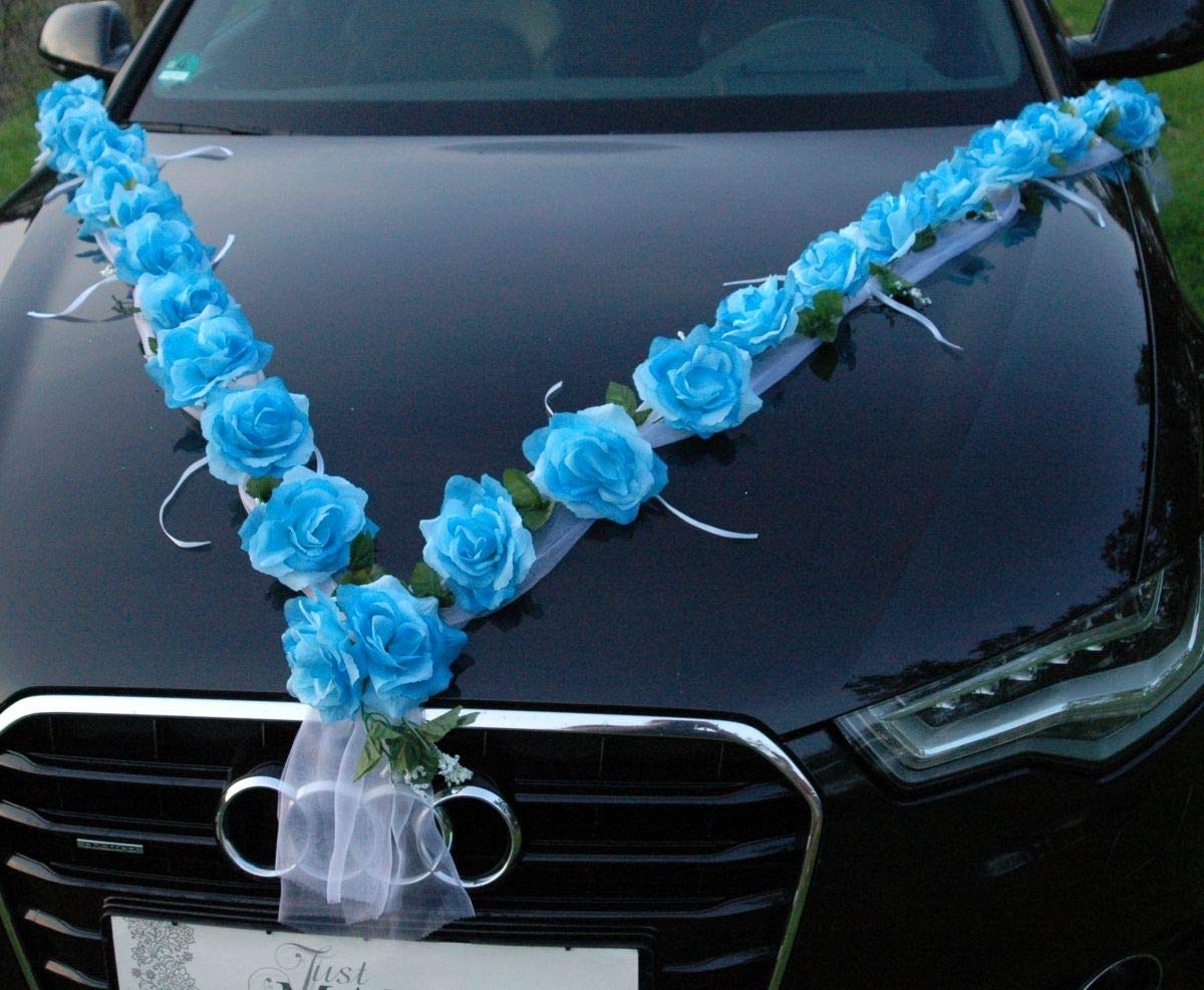 Rose Garland Car Jewelry - Bridal Couple Rose Decor for Wedding Cars (Blue/White) | Elegant Vehicle Decoration for Weddings, Anniversaries & Special Events