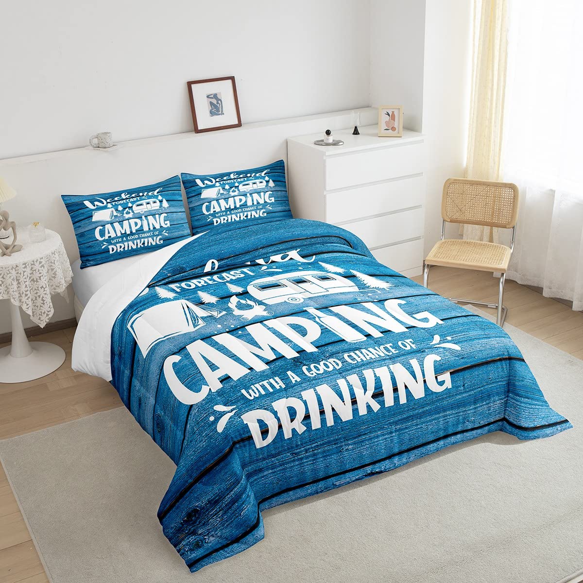 Happy Camping Camper Comforter Set Twin - Blue Adventure Themed Bedding for Kids, Teens & Adults | Rustic Wooden Door Design 2-Piece Quilt Set with Pillowcase | Perfect for Summer Camping, Dorm Rooms & Cozy Cabin Decor
