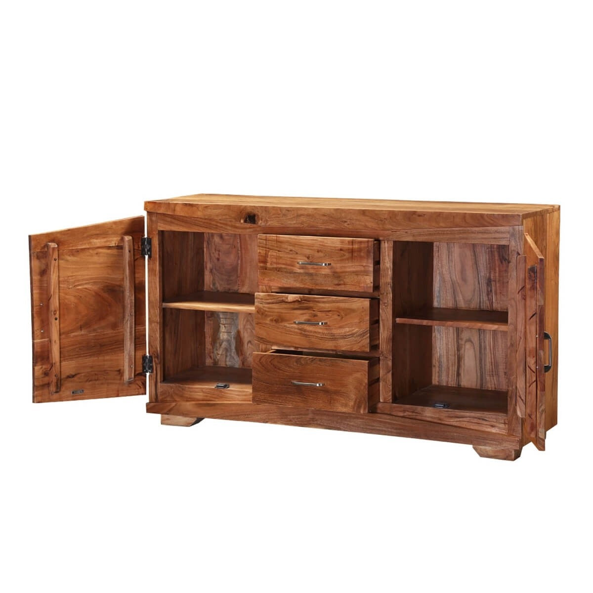 Solid Wood Rustic Buffet Sideboard Cabinet with 3 Drawers - Handcrafted Indian Cromer Furniture for Dining Room Storage & Entryway Decor