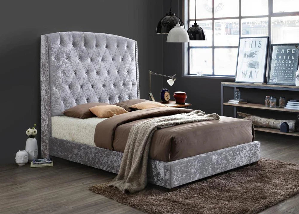 Luxury Grey Velvet Bed Frame - Queen & King Size - Elegant Modern Bedroom Furniture for Master Suite or Guest Room - Model Trisha