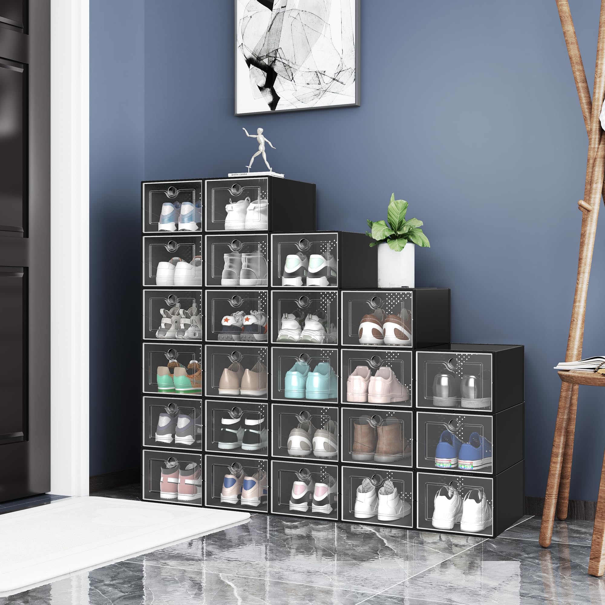 YITAHOME Stackable Shoe Storage Organizers - 18-Piece Medium Size Shoe Boxes with Drawers for Closet Organization - Perfect for Bedroom, Entryway & Dorm Storage Solutions - Black