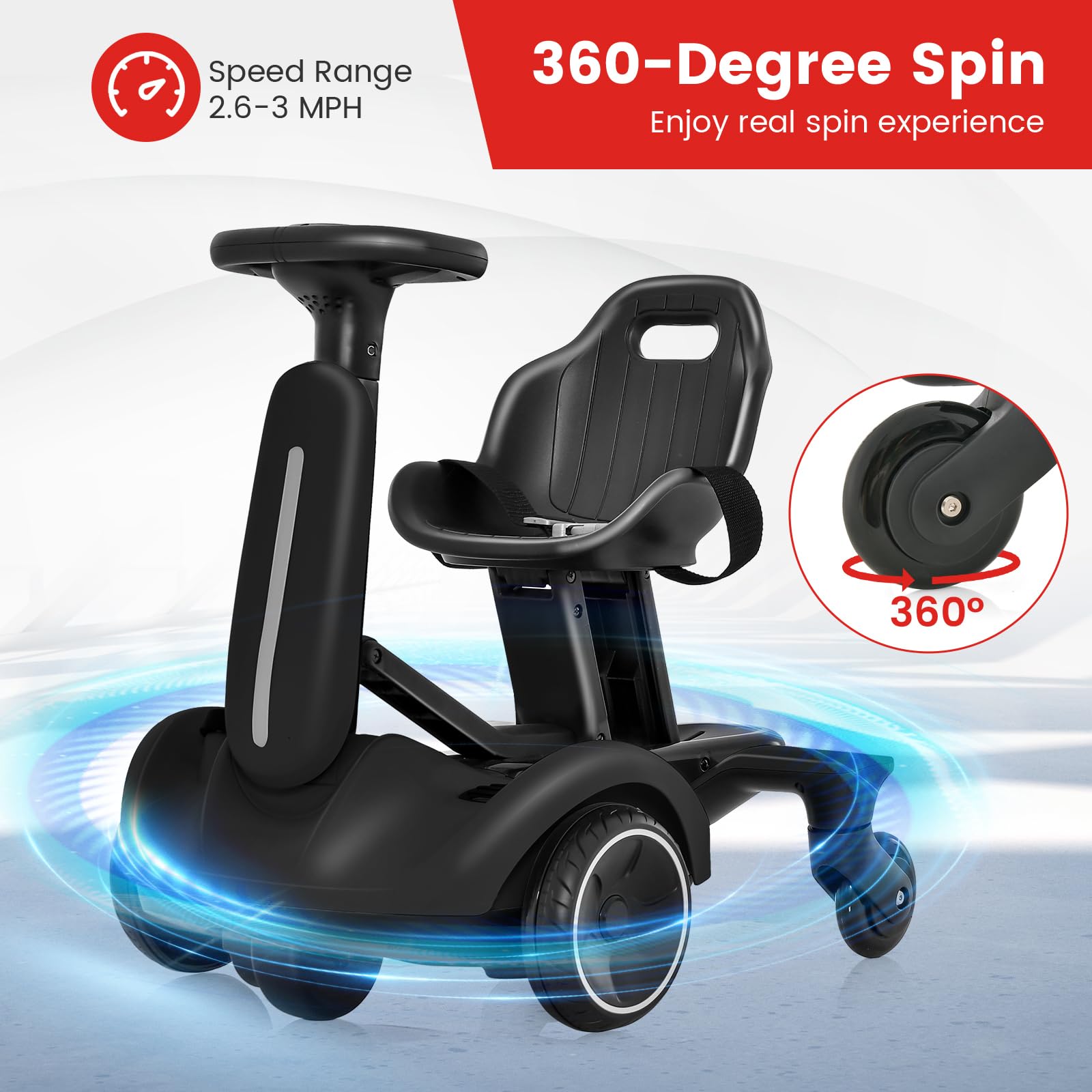 Costzon 6V Electric Ride-On Drift Car for Kids Ages 3+ | 360° Spin, Adjustable Seat, 2.6-3 MPH | Horn & Engine Sounds | Black Kids Drifting Go Kart - Perfect for Indoor Play & Backyard Fun