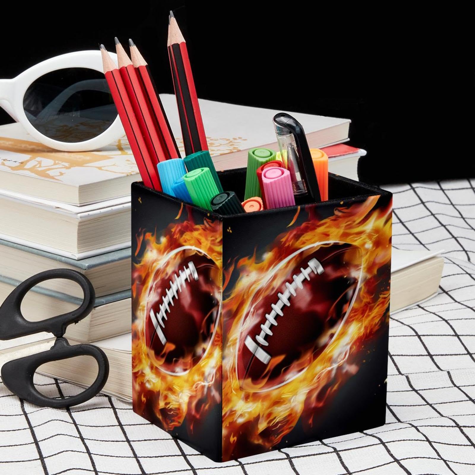 Premium Desk Pen Holder & Pencil Organizer - American Football & Fire Design - Office Supplies for Home, School & Workplace Organization