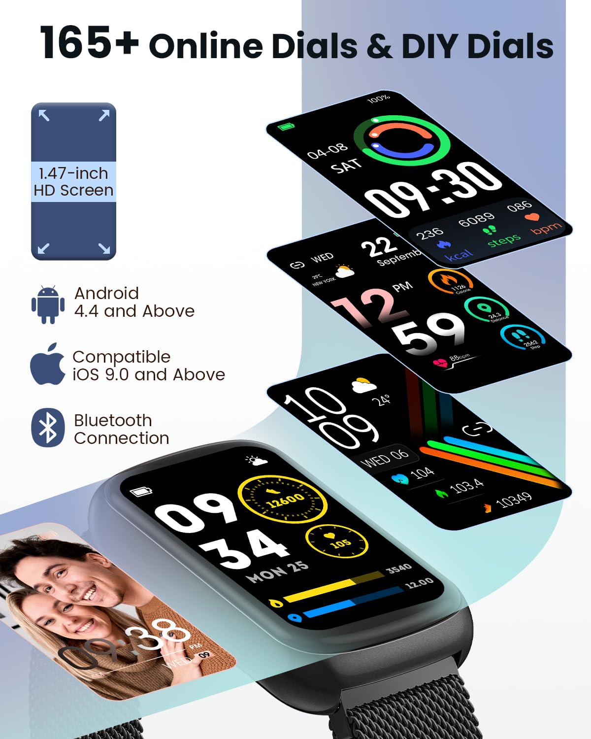 Smart Fitness Tracker Watch for Women & Men - 24/7 Heart Rate Monitor, Blood Oxygen & Sleep Tracker, Waterproof Activity Tracker with Calorie & Distance Pedometer, Compatible with Android & iPhone - Perfect for Workouts, Running & Daily Health Monitoring