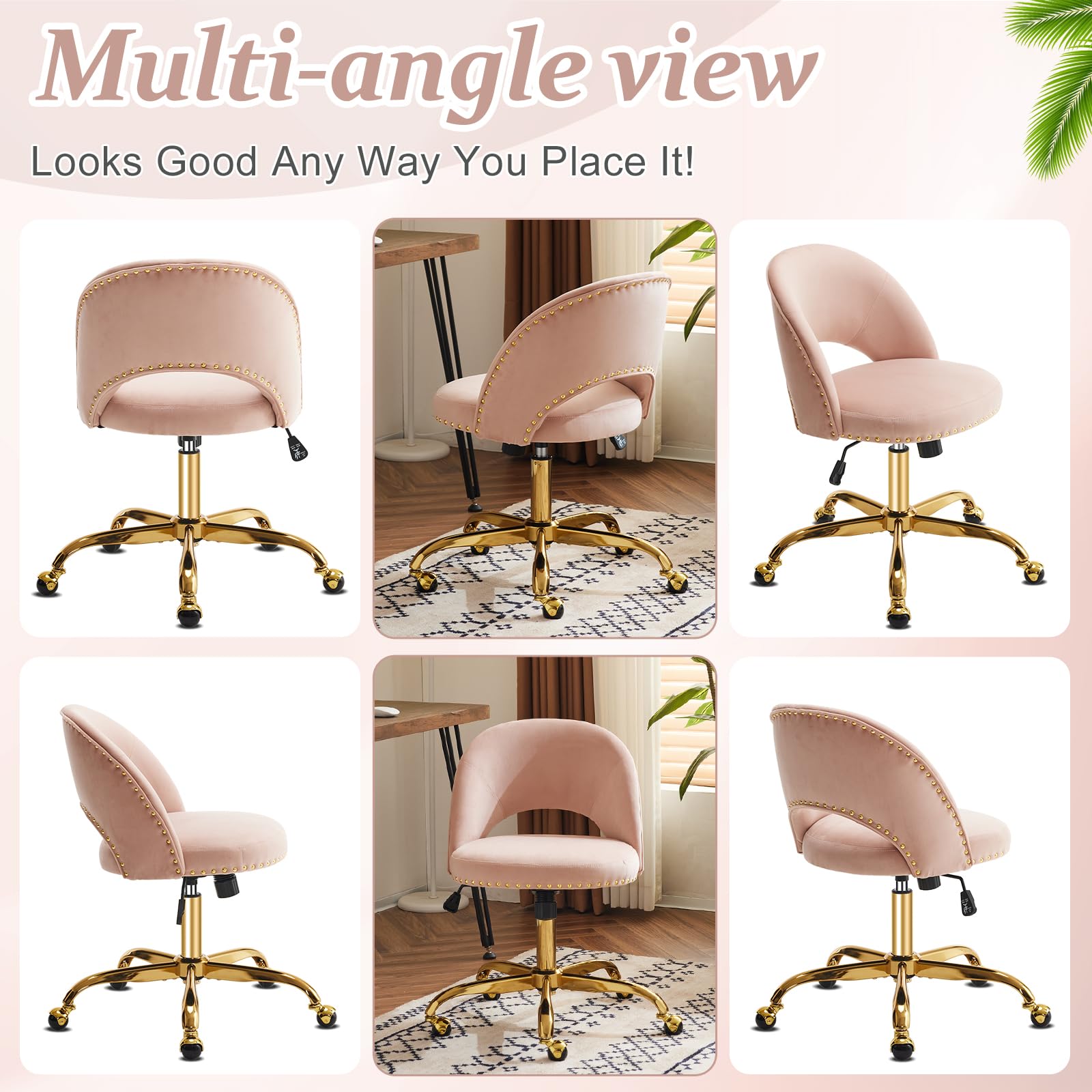 VINGLI Modern Velvet Small Office Chair with Wheels - Gold Base & Studs, Comfortable Armless Swivel Task Chair for Women, Girls & Kids - Perfect for Study, Dorm, Bedroom & Small Spaces (Pink) | Ideal for Home Office, Vanity Desk & Nail Technician Workstation