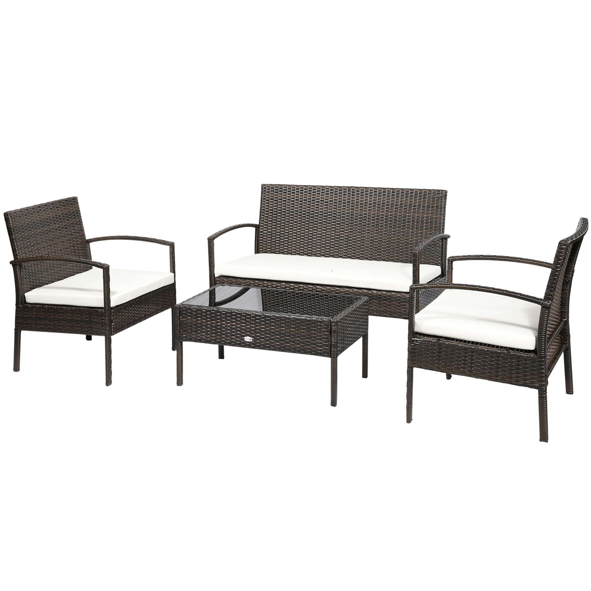 Outsunny 4-Piece PE Wicker Patio Furniture Set - Indoor/Outdoor Conversation Set with Chairs, Loveseat Sofa, Cushions & Glass Table - Perfect for Backyard, Garden, Poolside or Sunroom (Brown) | Durable Outdoor Seating for Relaxing & Entertaining