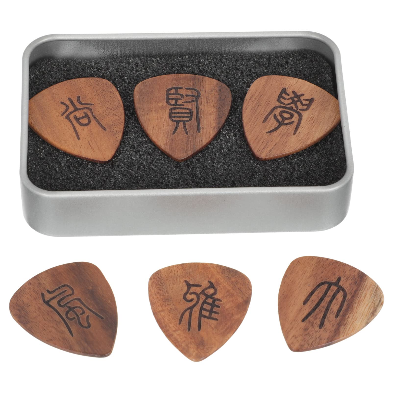 EXCEART 6-Piece Wooden Guitar Picks Set with Chinese Character Engraving - Plectrums for Electric, Acoustic Guitar, Ukulele & Banjo - Includes Storage Case | Perfect for Performances, Practice & Gift Giving