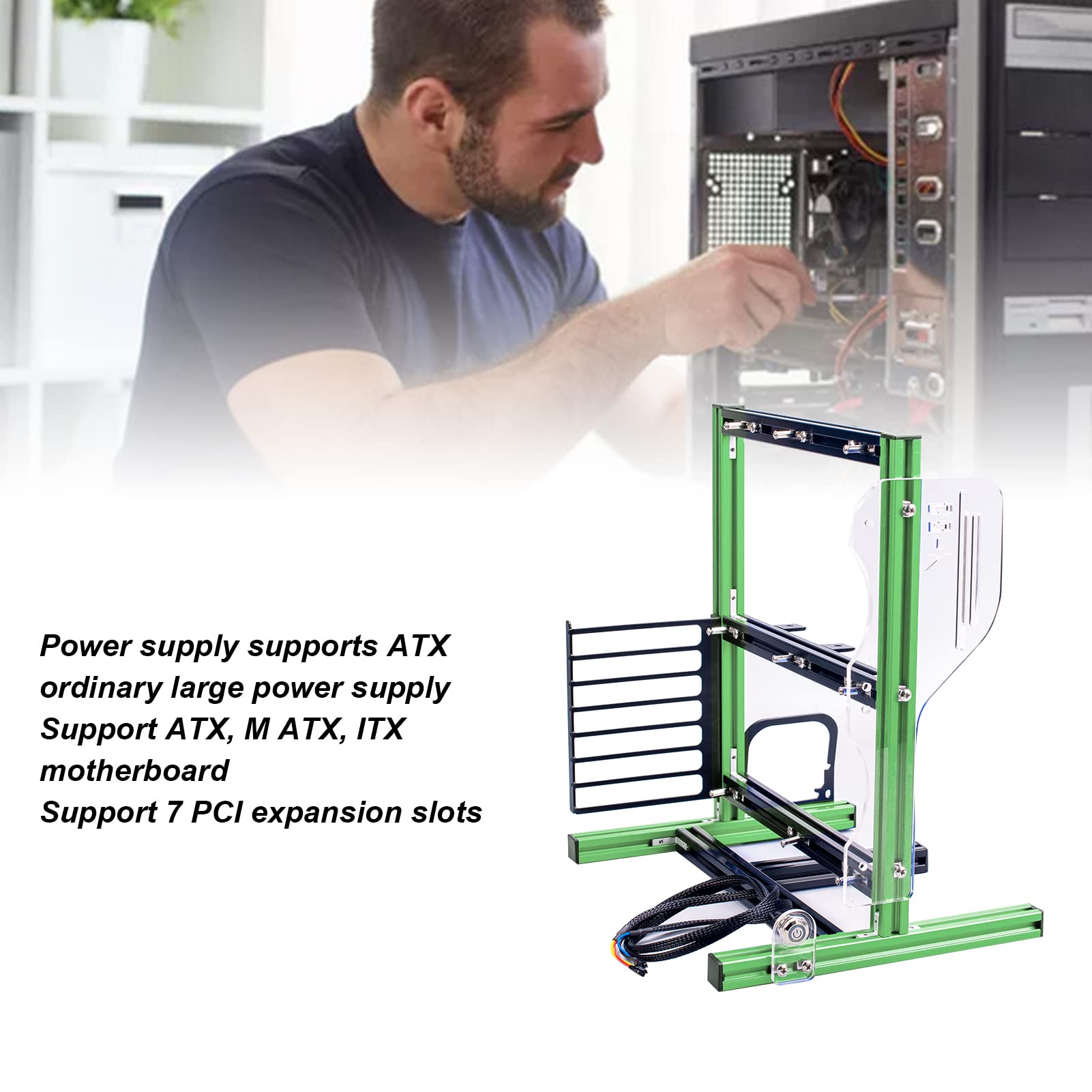 **Dpofirs ATX Computer Open Air Case Bracket - Mini ITX, Micro ATX, ATX PC Aluminum Test Bench, Vertical Overclocking Open Frame, Full Naked Heat Dissipation (Green & Black) - Ideal for PC Builders, Gamers, and Overclocking Enthusiasts**