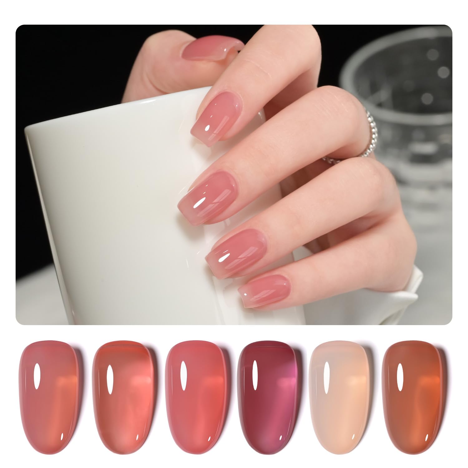 GAOY Jelly Burgundy Gel Nail Polish Set - 6 Transparent Colors (Red, Pink, Brown, Nude) | Soak Off UV Light Cure Gel Polish Kit for Salon & DIY Nail Art at Home | Perfect for Manicures, Pedicures & Special Occasions