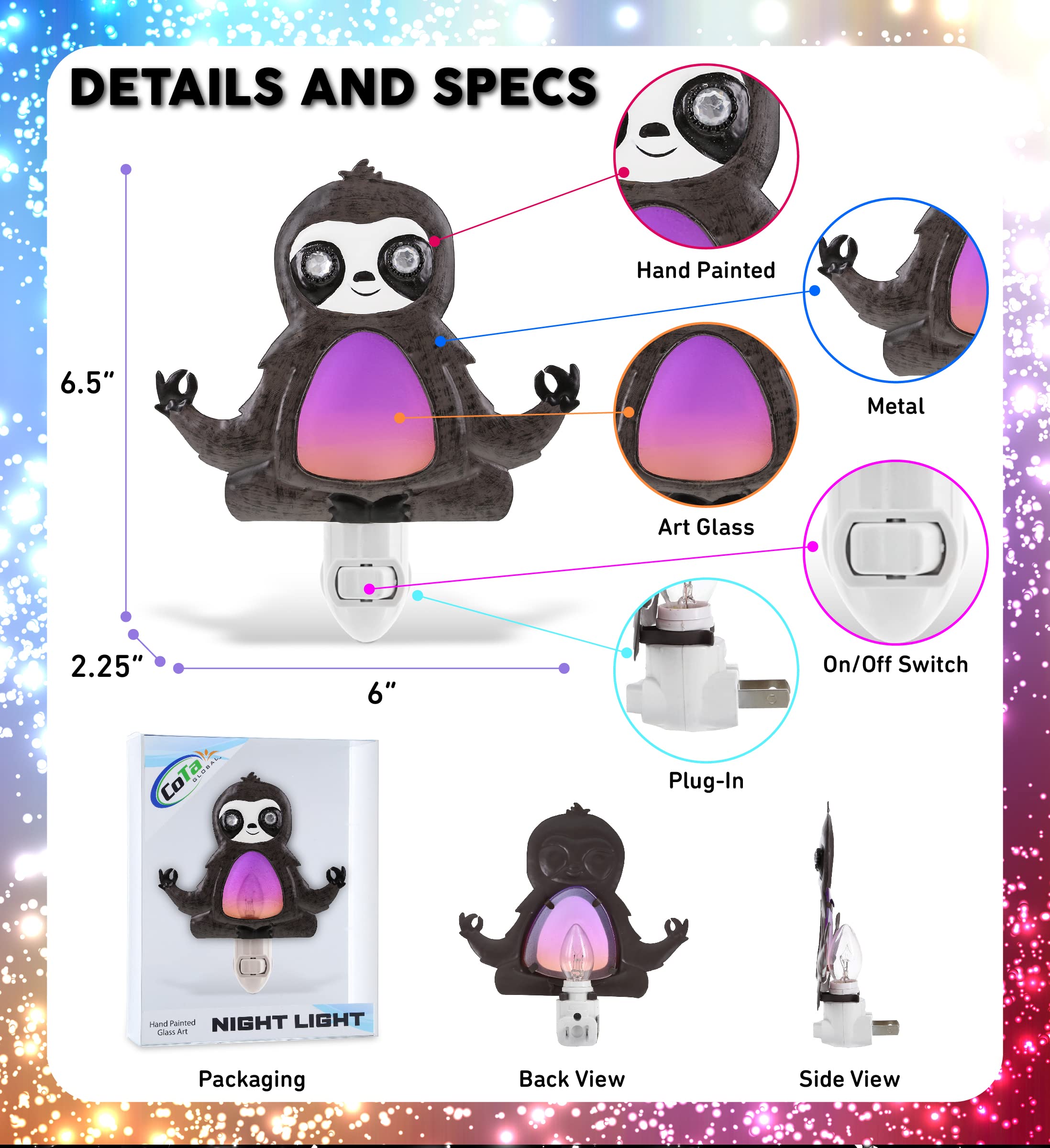 CoTa Global Sloth Night Light - Handmade Metal & Glass Plug-in Wall Nightlight with Switch, 6.5 Inch Cute Animal Night Light for Home Decor - Perfect for Bathroom, Nursery, Hallway, Kitchen & Bedroom - Creates Cozy Ambiance for Kids' Rooms and Relaxing Spaces