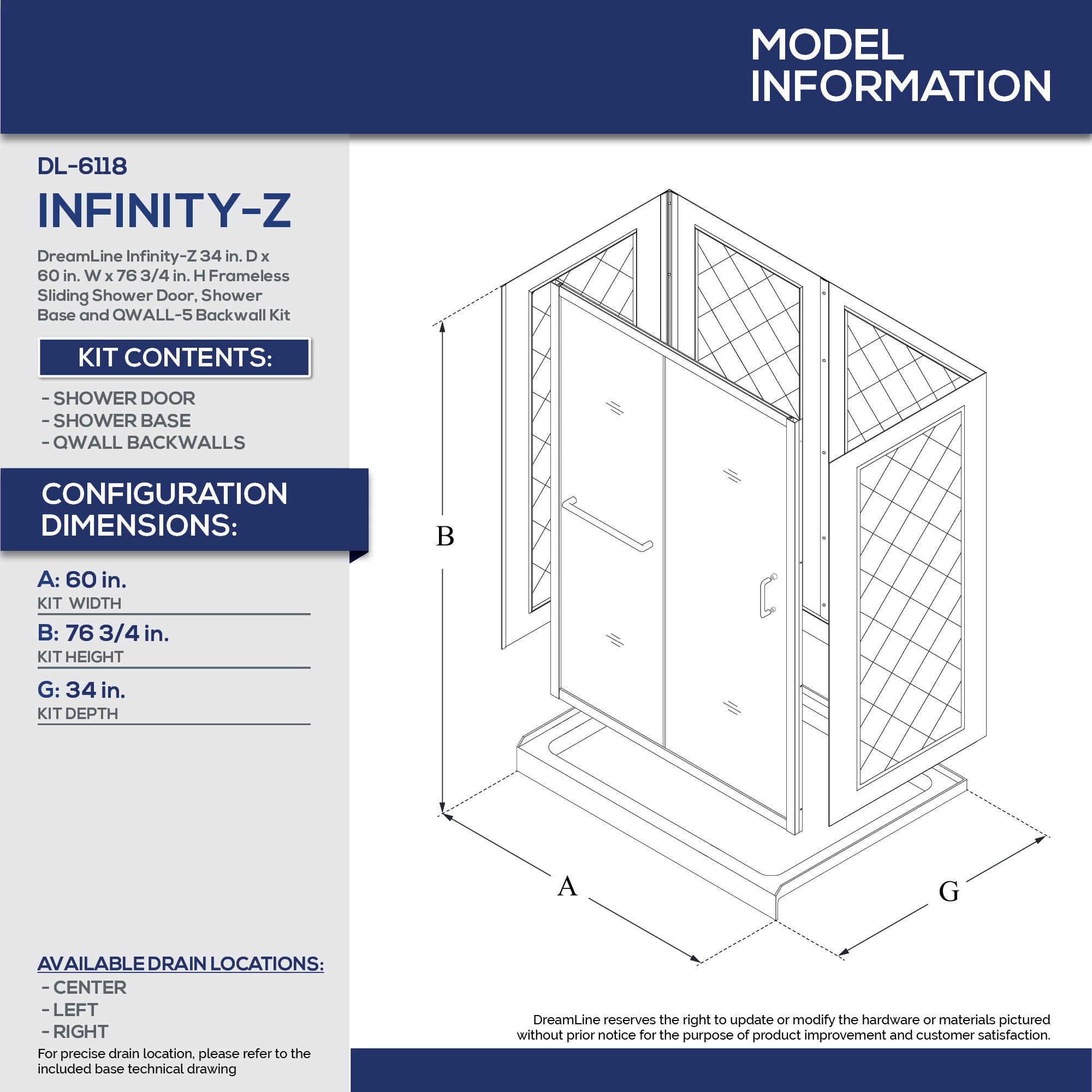 DreamLine Infinity Z 34x60x76.75 Inch Semi-Frameless Sliding Shower Door with Shower Base & QWALL 5 Backwall Kit - Frosted Glass for Modern Bathroom Renovation & Spa-Like Shower Experience
