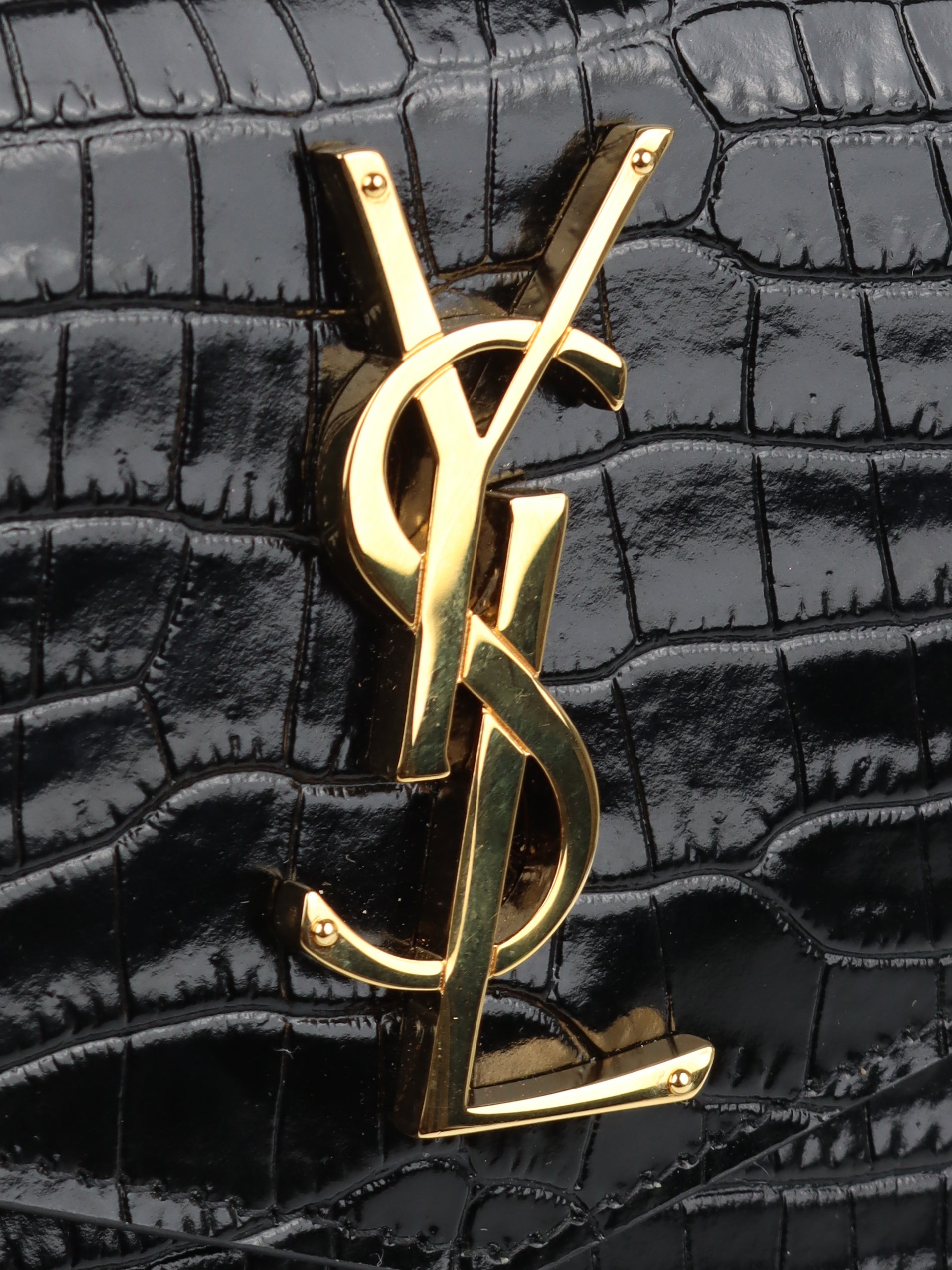 Saint Laurent Black Croc Embossed Uptown Pouch with Gold Hardware - Luxury Evening Clutch for Women, Perfect for Parties, Weddings & Special Occasions