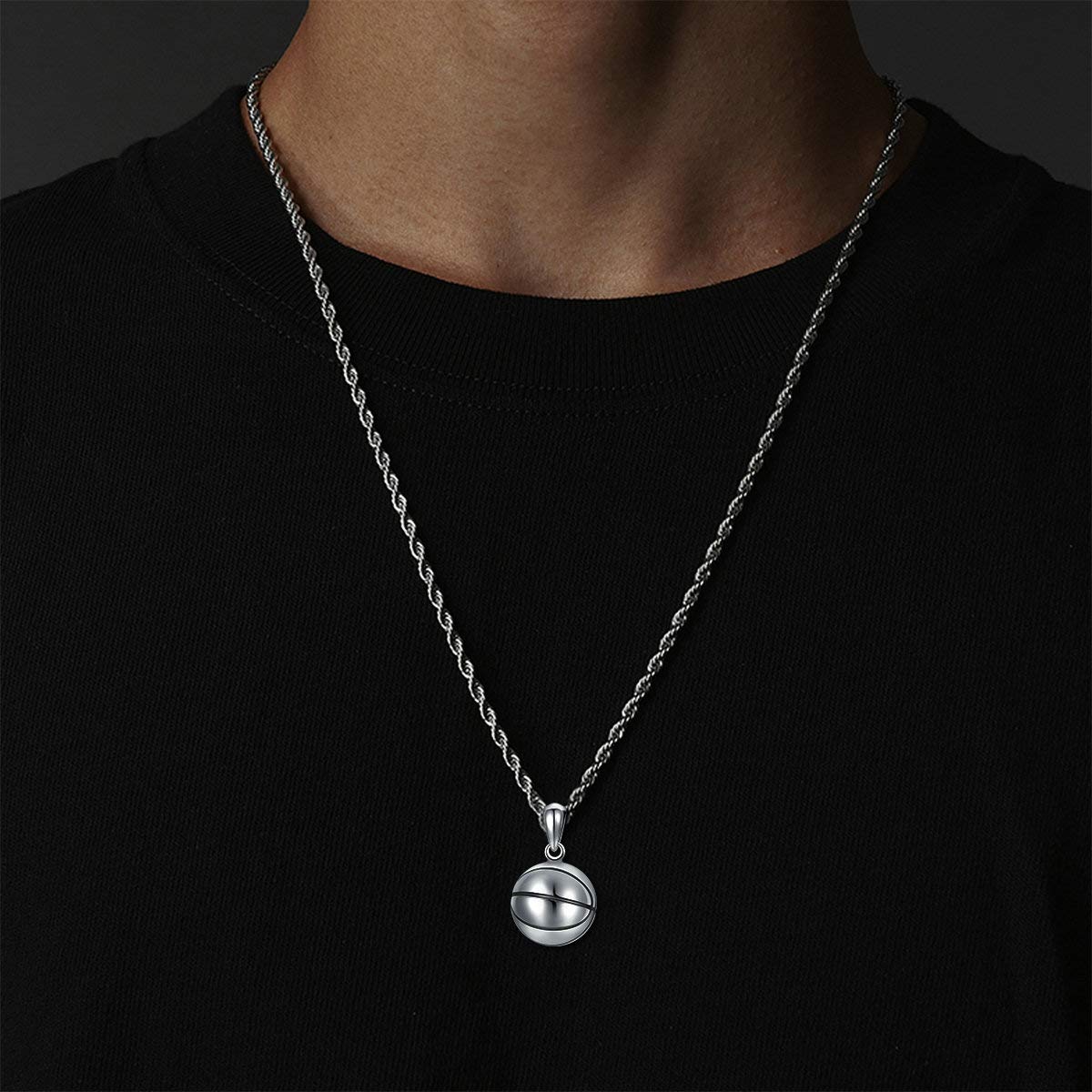 925 Sterling Silver Basketball Necklace for Men - Matte Finish Sports Pendant with 2.5mm 22