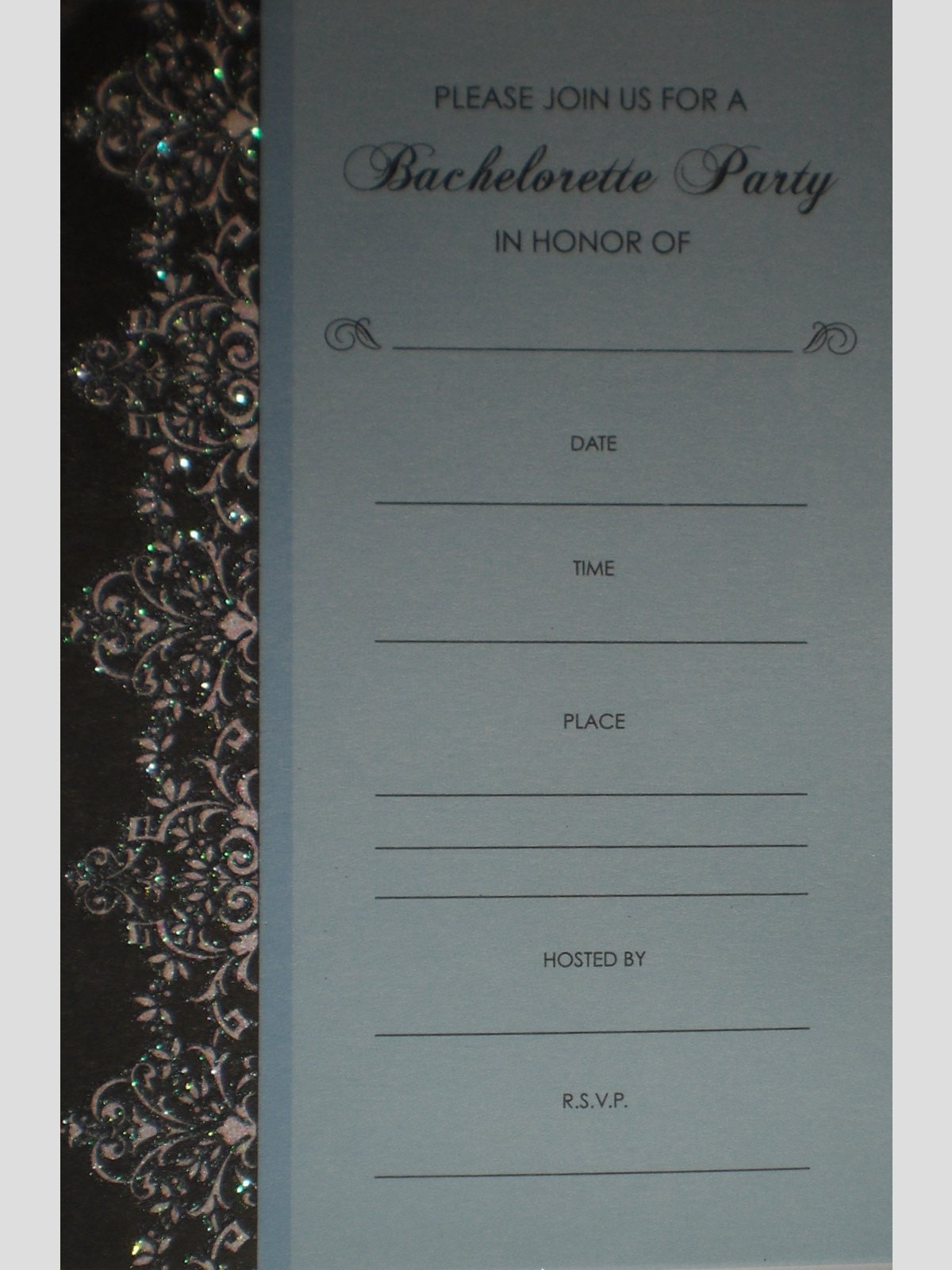 Elegant Glittered Blue Green Black Damask Bachelorette Party Invitations with Envelopes | Perfect for Bridal Showers, Girls Night Out & Wedding Events