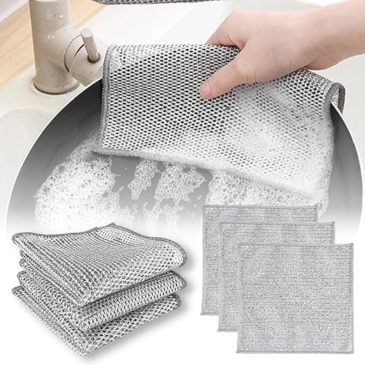 PRAGAT VIEW 3-Pack Multipurpose Stainless Steel Dish Scrubbers - Non-Scratch Kitchen Scrub Cloths for Dishes, Sinks & Countertops - Reusable Wet/Dry Dishwashing Rags (Perfect for Cleaning Pots, Pans & Utensils)