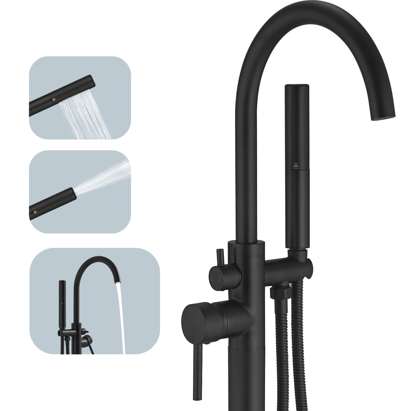 BESy Freestanding Bathtub Faucet - Floor Mount Brass Tub Filler with 2-Function Hand Shower Wand & Swivel Spout, Matte Black Finish - Perfect for Modern Bathroom Renovation and Spa-Like Relaxation